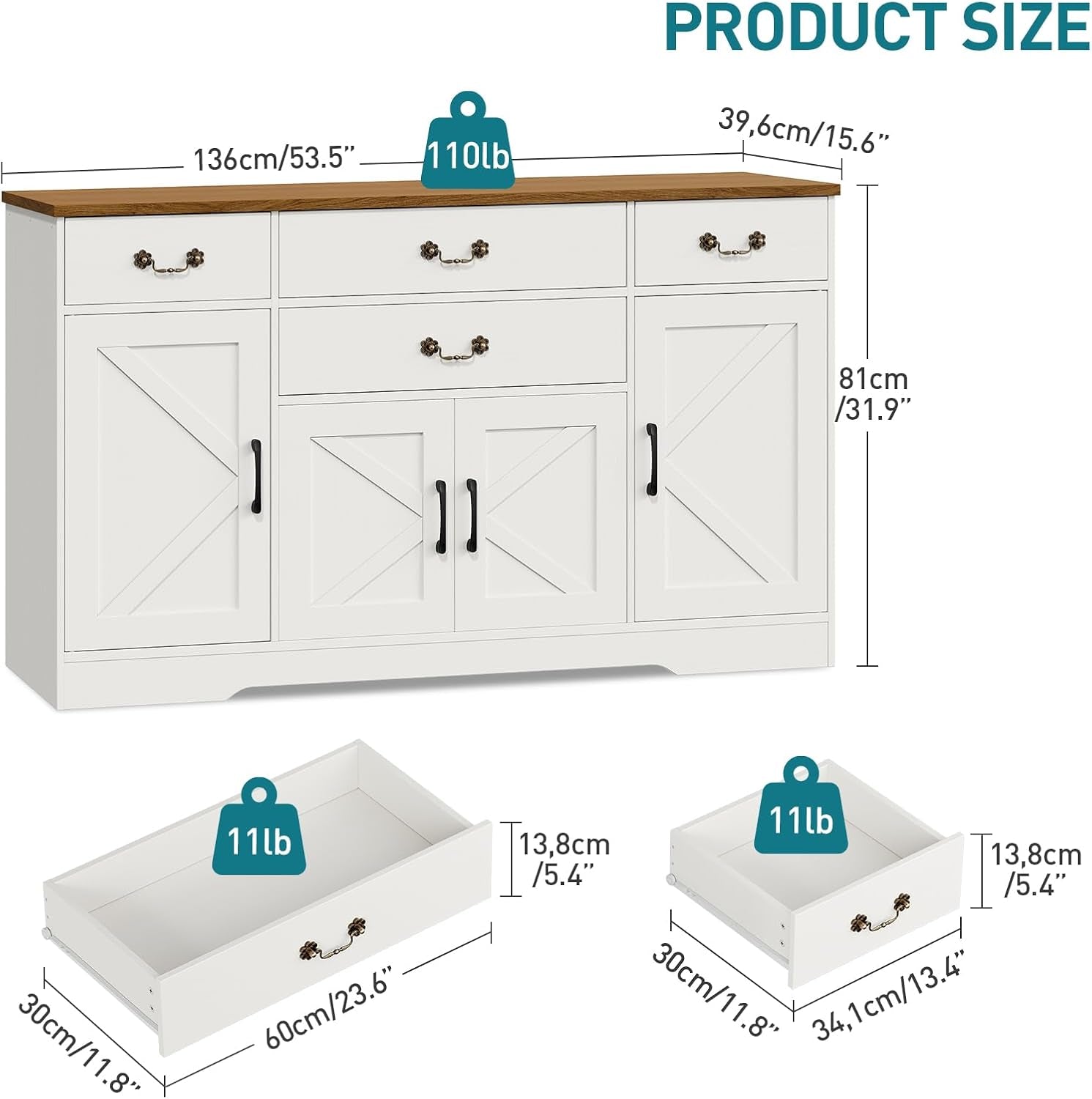 54 Inch White Walnut Sideboard Cabinet With Drawers