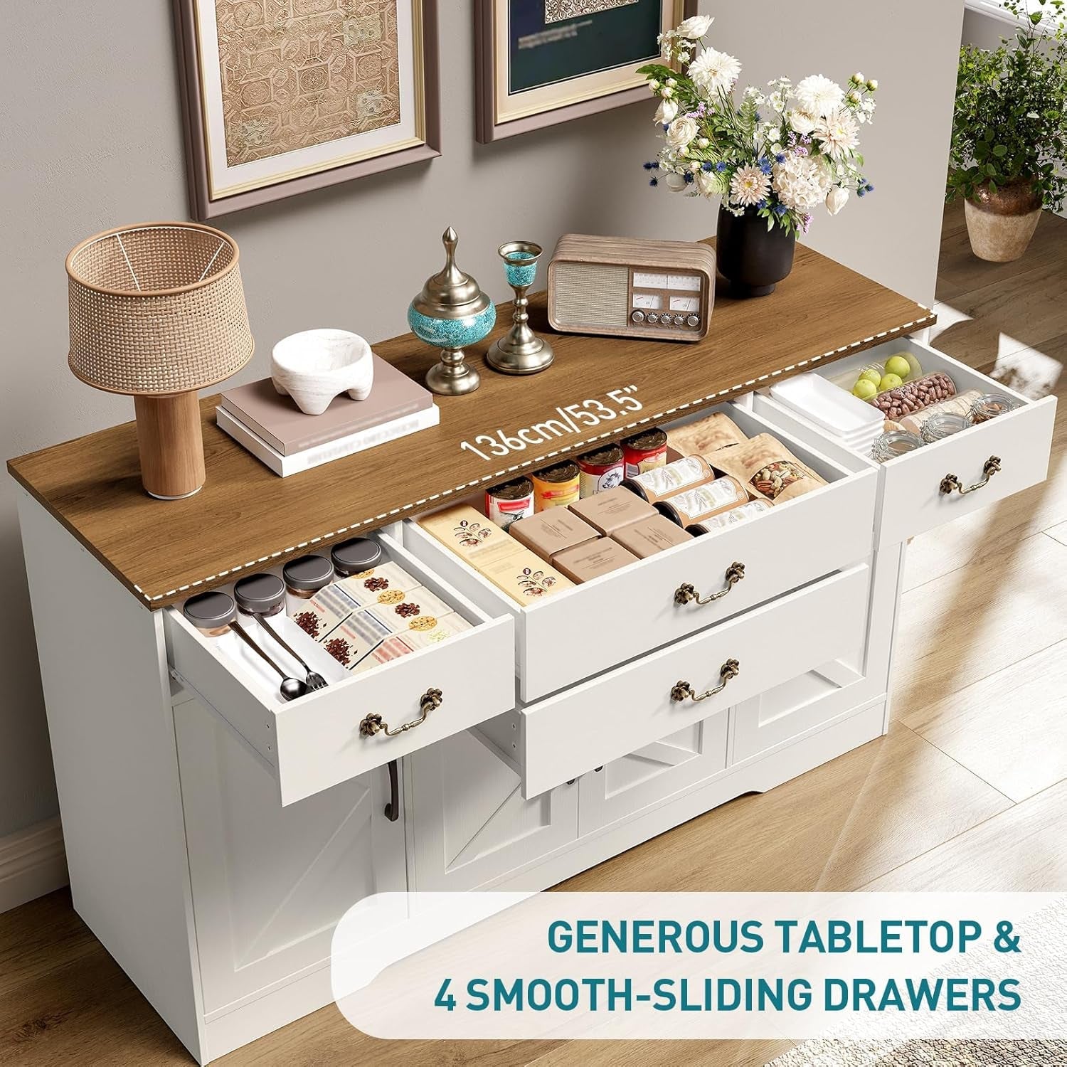 54 Inch White Walnut Sideboard Cabinet With Drawers
