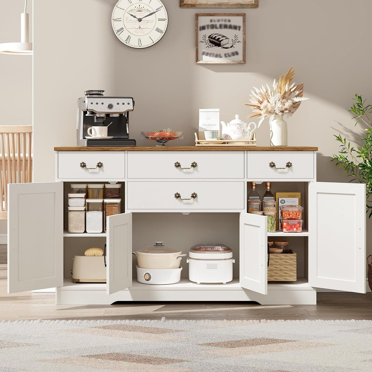 54 Inch White Walnut Sideboard Cabinet With Drawers