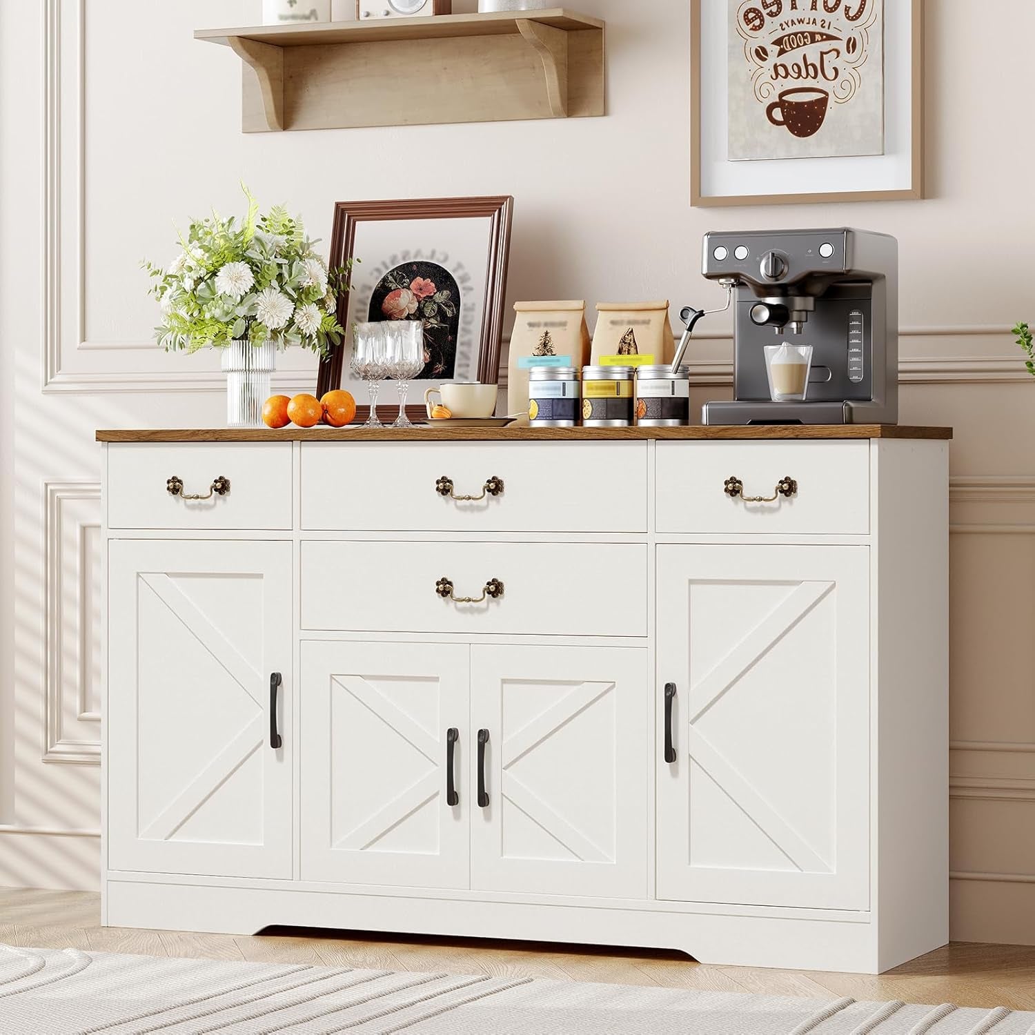 54 Inch White Walnut Sideboard Cabinet With Drawers