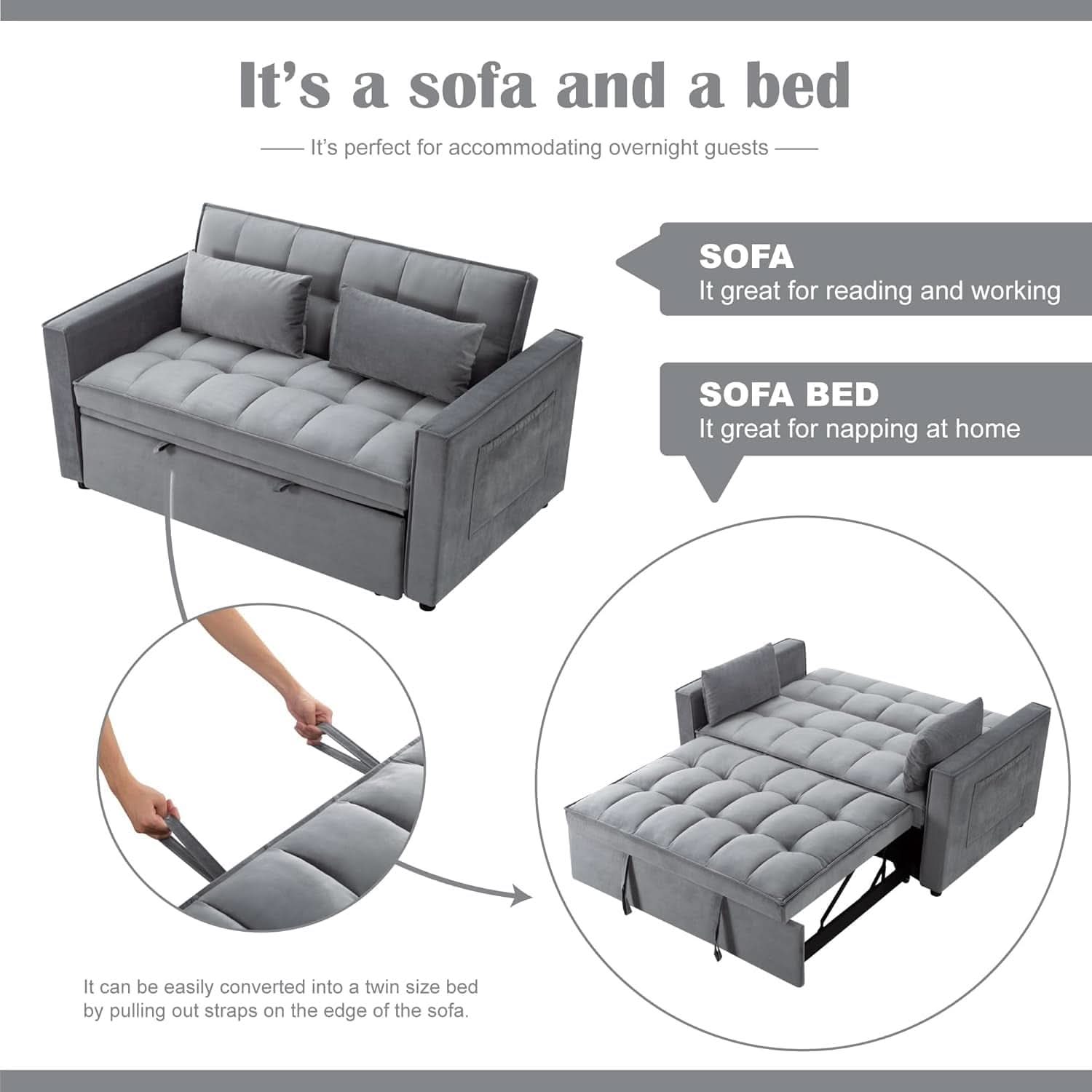 54 Inches Convertible Sofa Bed With Adjustable Backrest