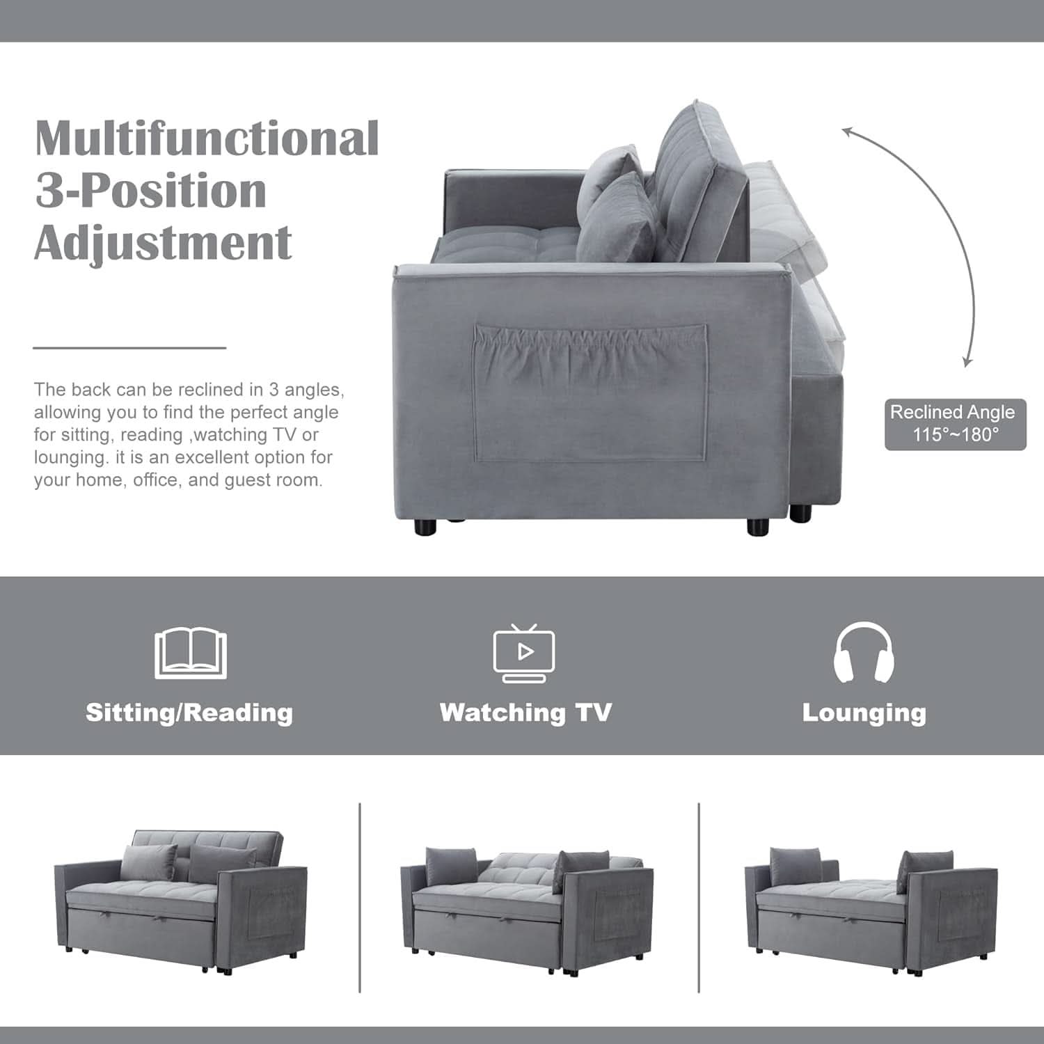 54 Inches Convertible Sofa Bed With Adjustable Backrest