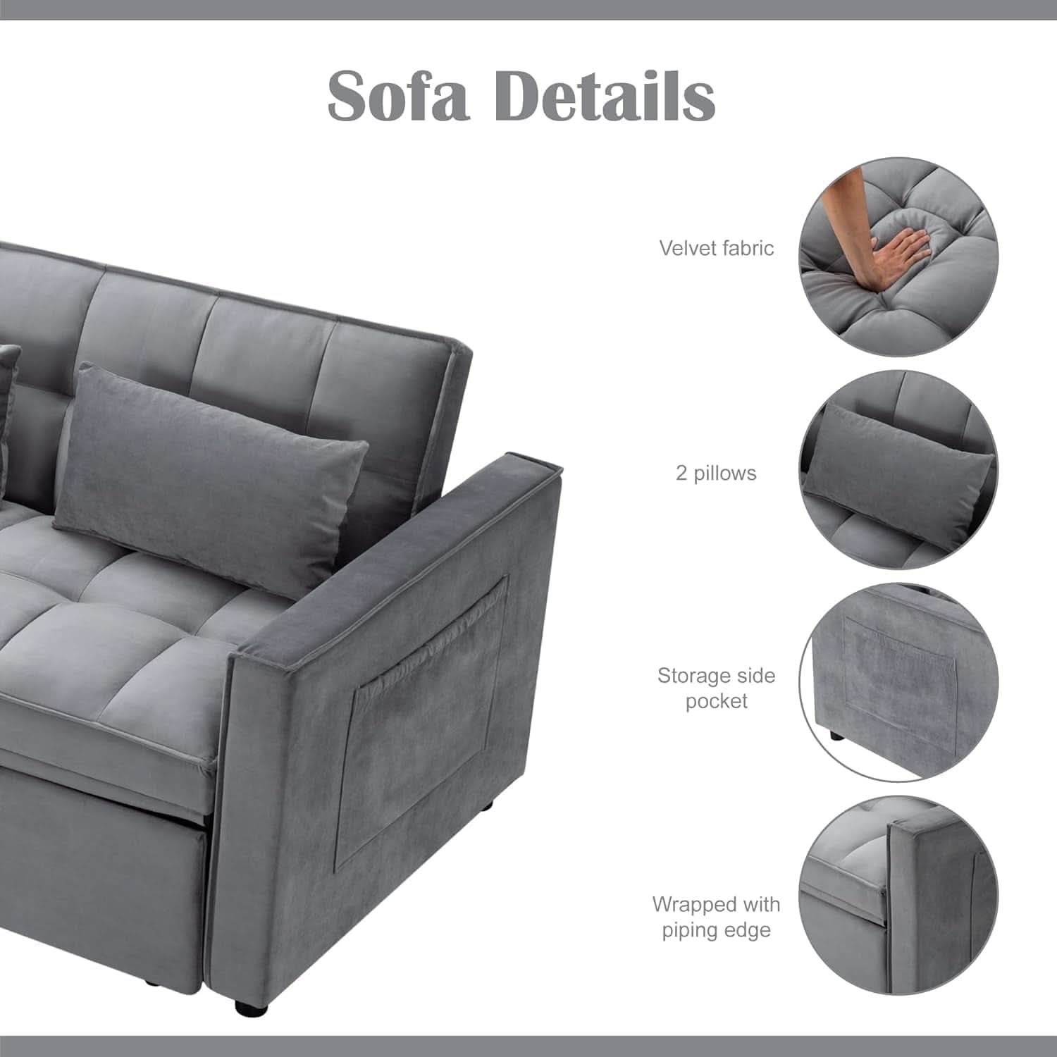 54 Inches Convertible Sofa Bed With Adjustable Backrest