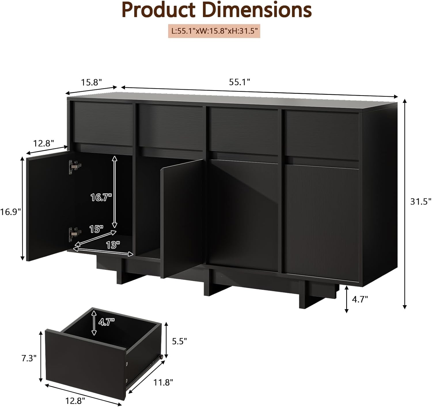 55 Inch Black Sideboard Buffet Cabinet With Drawers