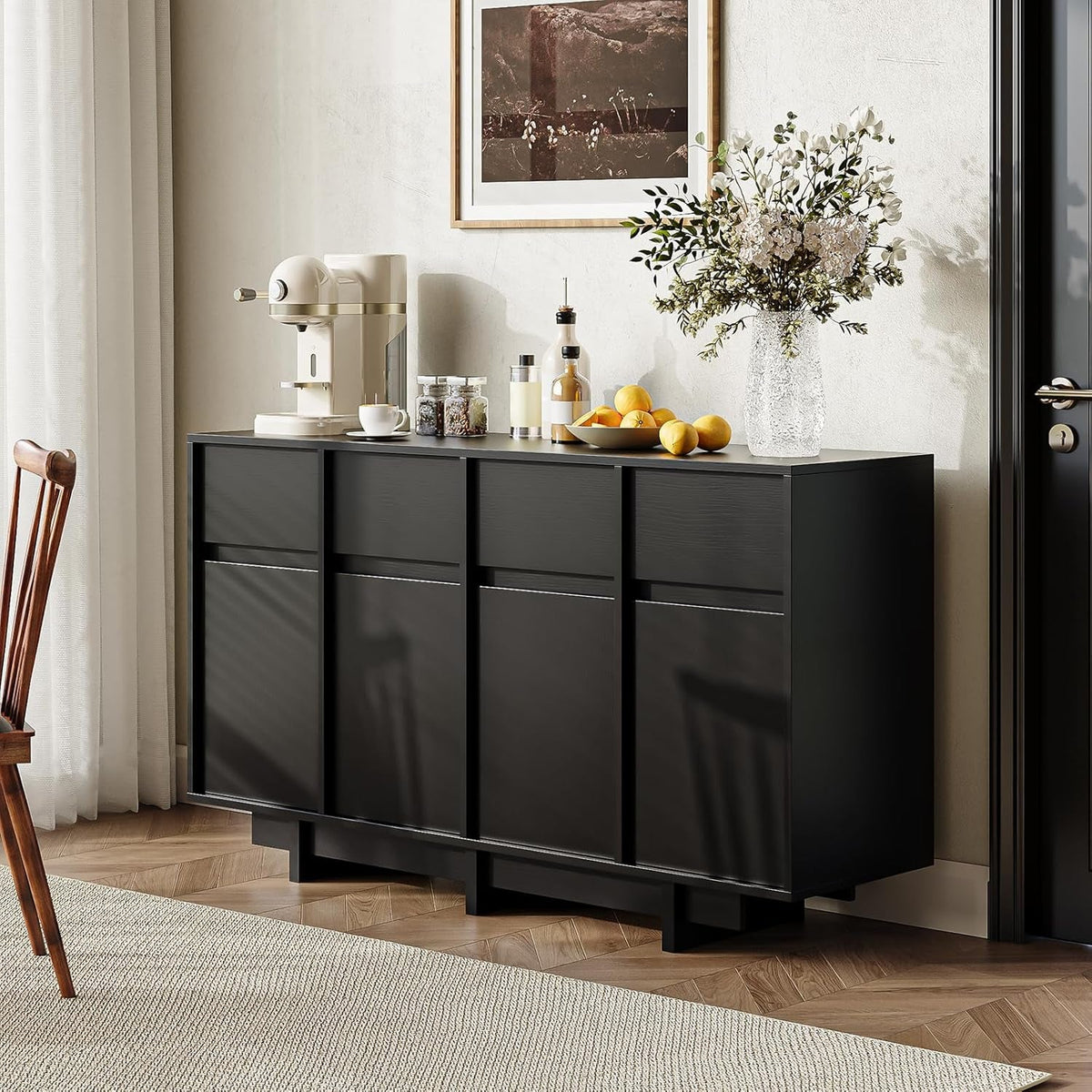 55 Inch Black Sideboard Buffet Cabinet With Drawers