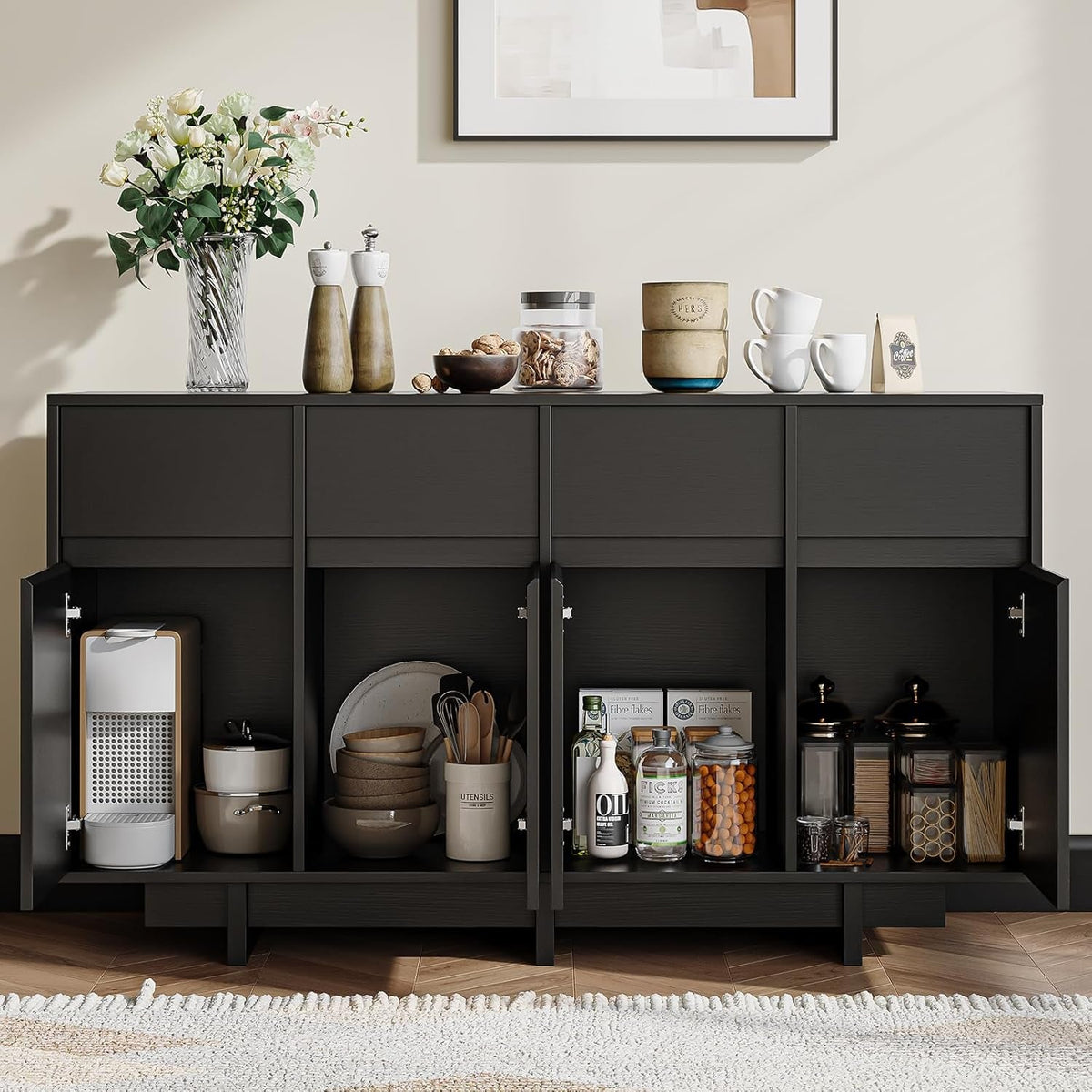 55 Inch Black Sideboard Buffet Cabinet With Drawers