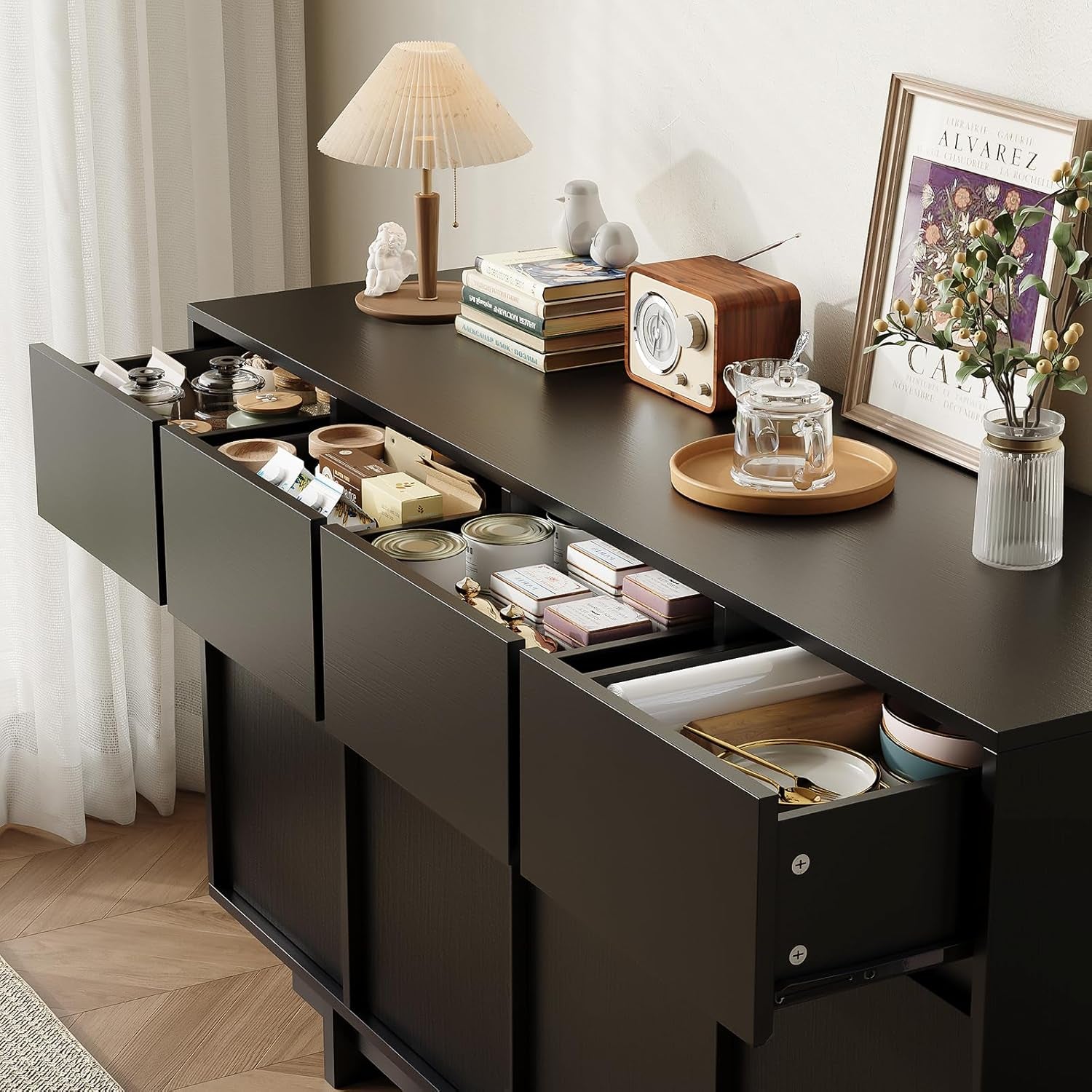 55 Inch Black Sideboard Buffet Cabinet With Drawers