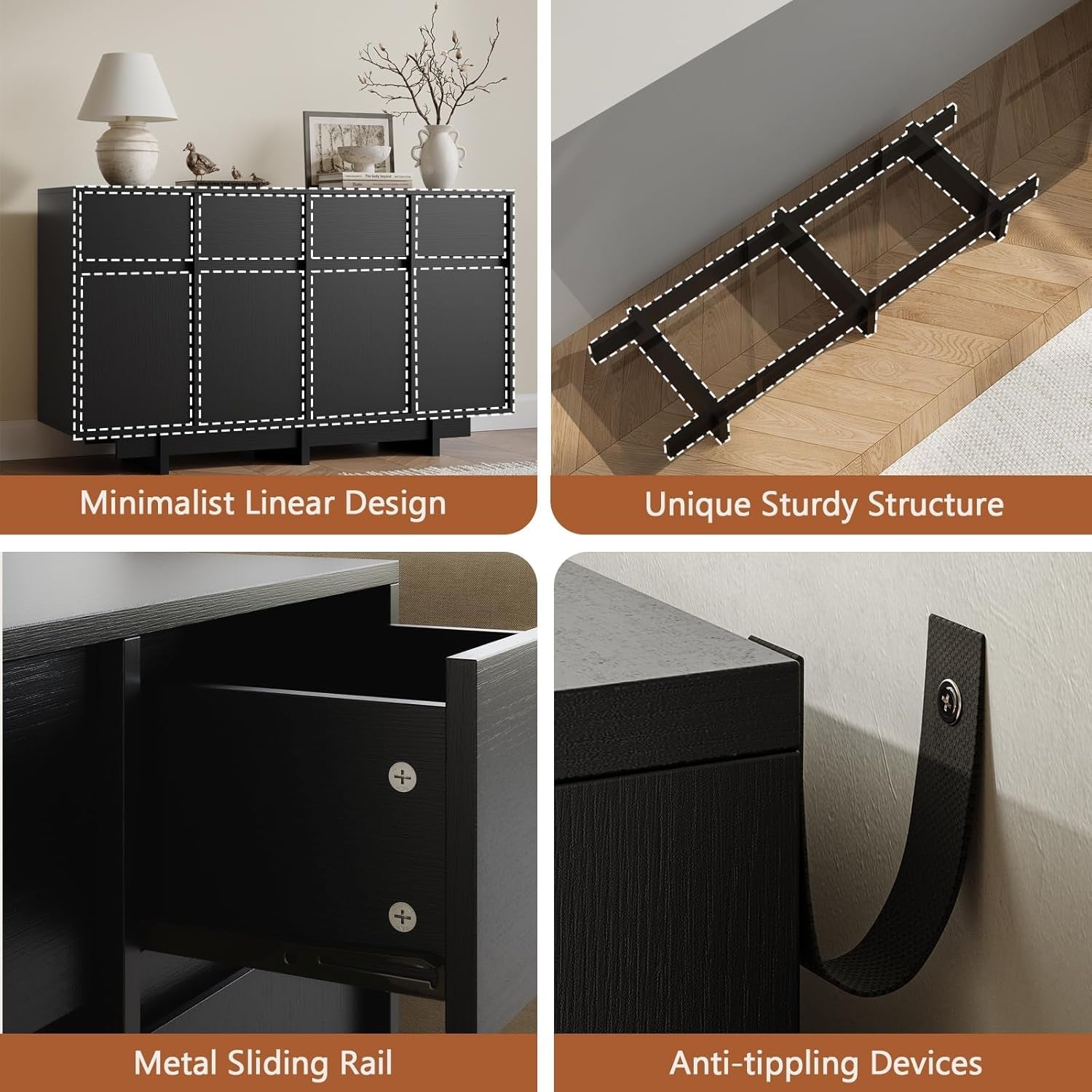 55 Inch Black Sideboard Buffet Cabinet With Drawers