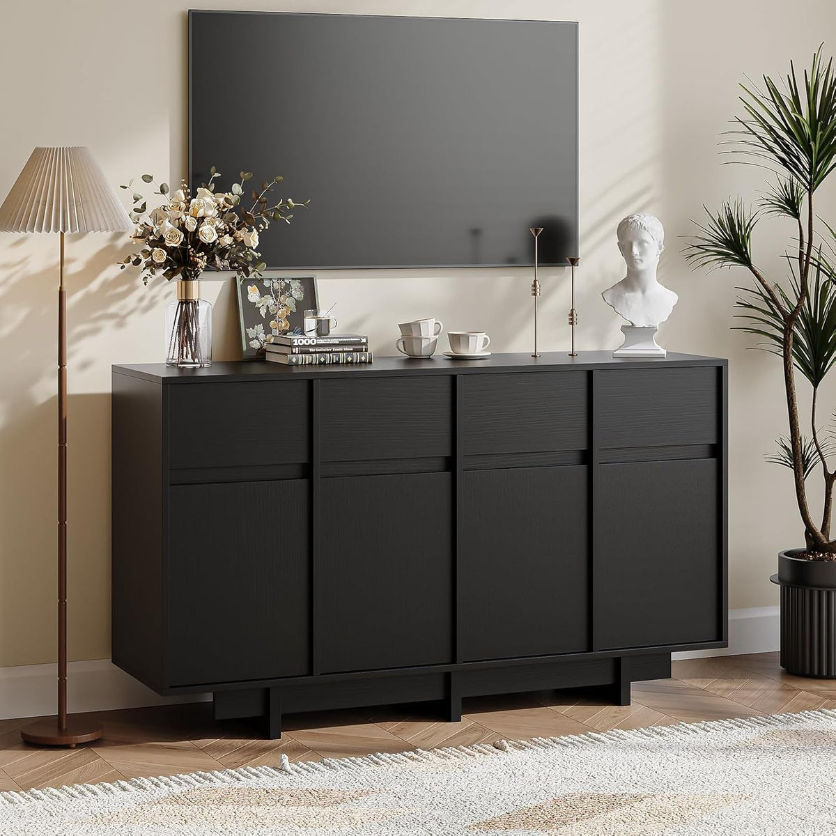 55 Inch Black Sideboard Buffet Cabinet With Drawers