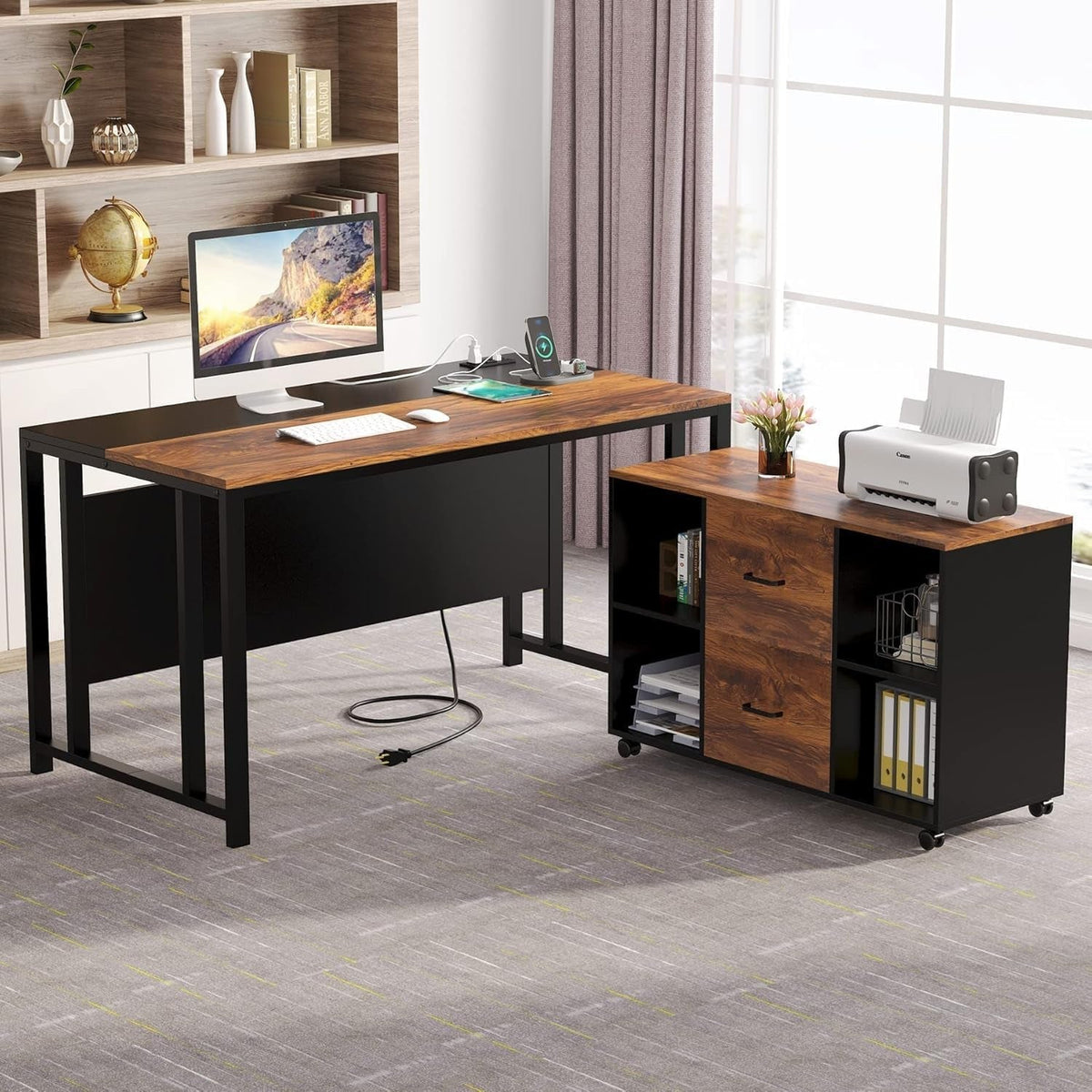 55 Inch Brown Executive Desk With Lateral File Cabinet And USB Ports