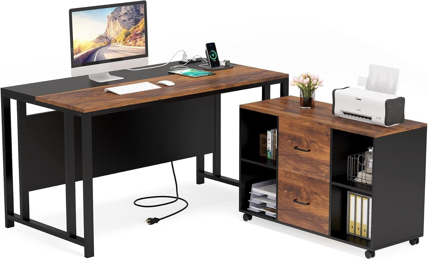 55 Inch Brown Executive Desk With Lateral File Cabinet And USB Ports