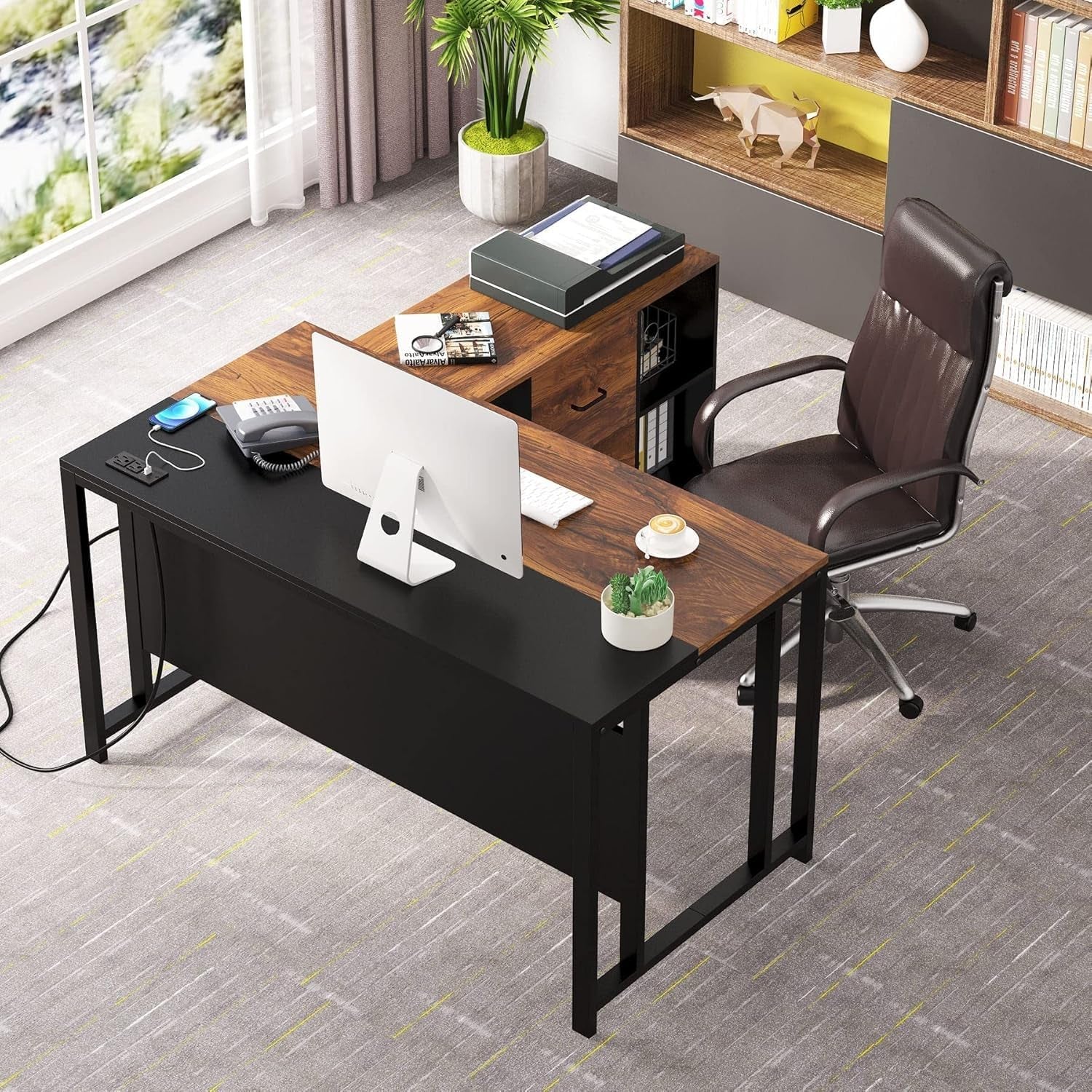 55 Inch Brown Executive Desk With Lateral File Cabinet And USB Ports