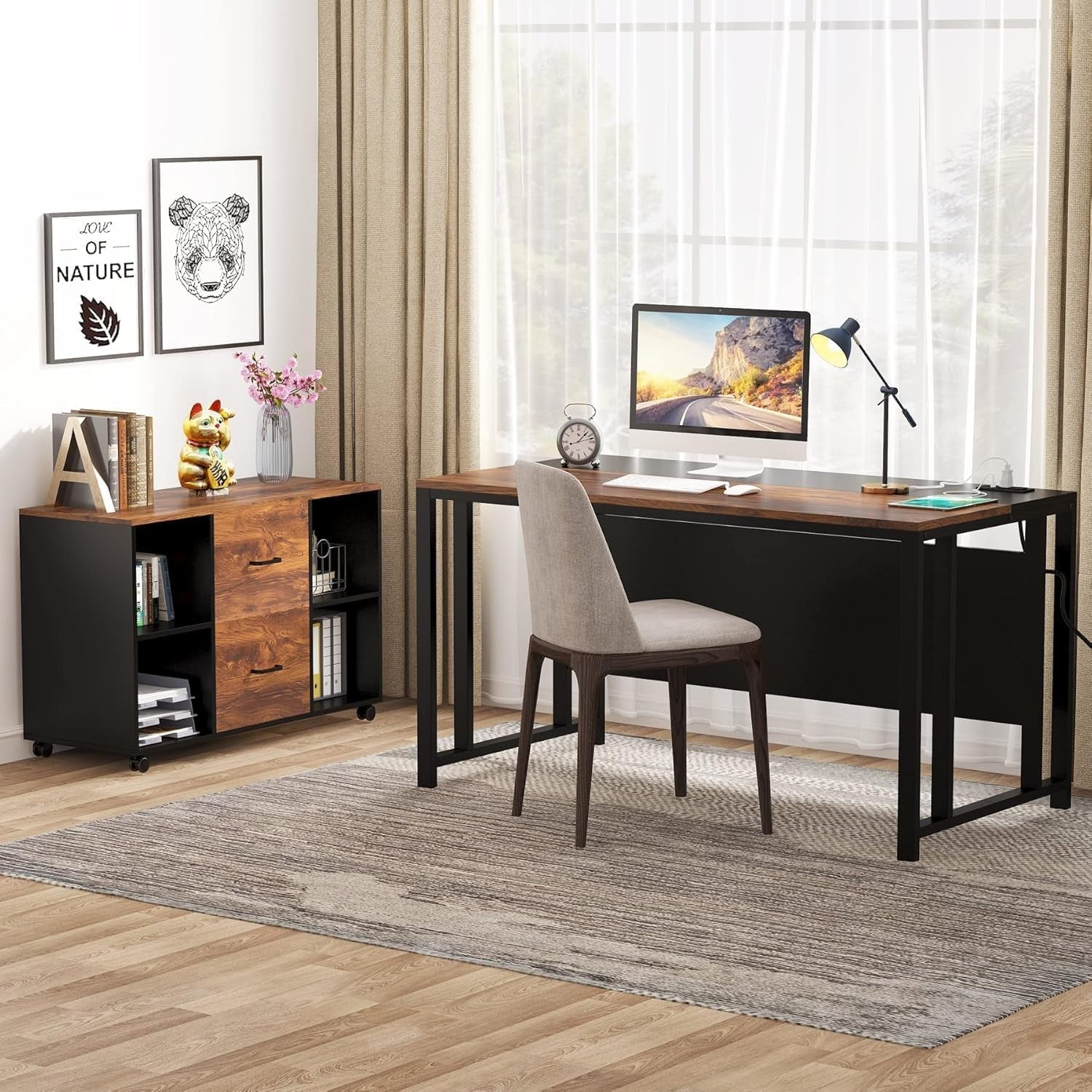55 Inch Brown Executive Desk With Lateral File Cabinet And USB Ports