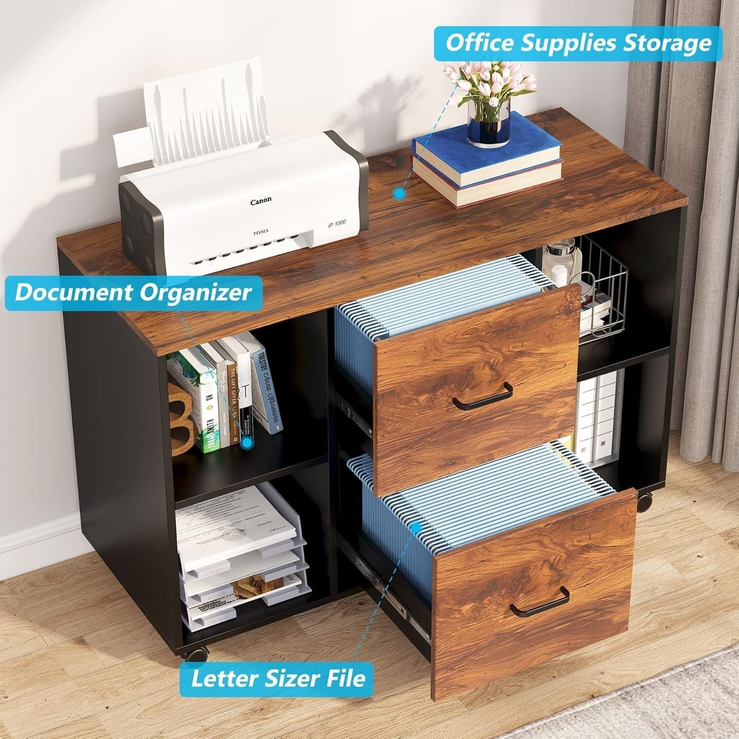 55 Inch Brown Executive Desk With Lateral File Cabinet And USB Ports
