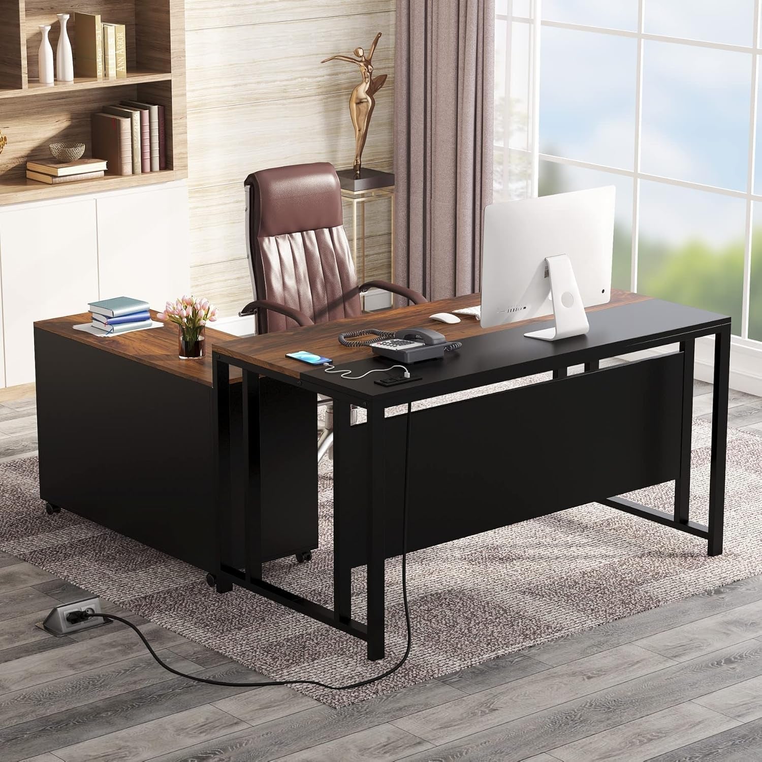 55 Inch Brown Executive Desk With Lateral File Cabinet And USB Ports