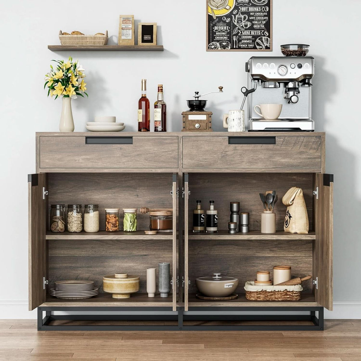 55 Inch Buffet Cabinet With 2 Drawers Modern Farmhouse
