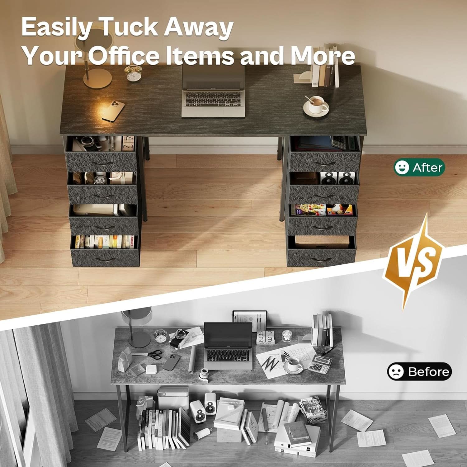 55 Inch Computer Desk With 8 Fabric Drawers For Home Office