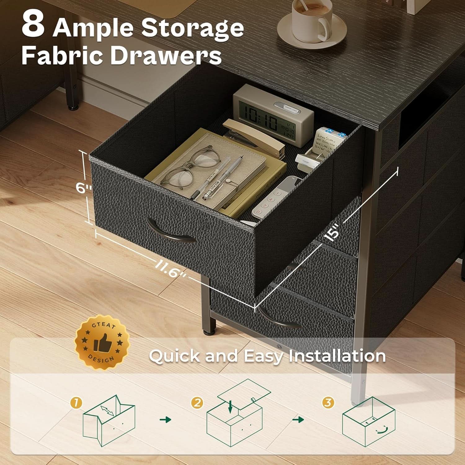 55 Inch Computer Desk With 8 Fabric Drawers For Home Office