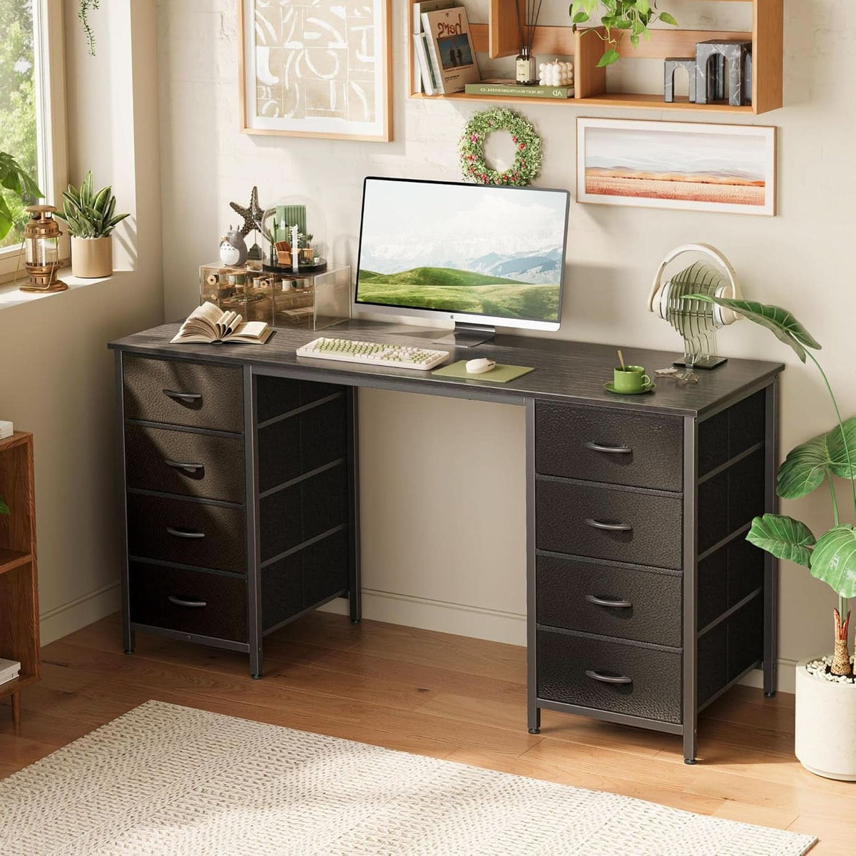 55 Inch Computer Desk With 8 Fabric Drawers For Home Office