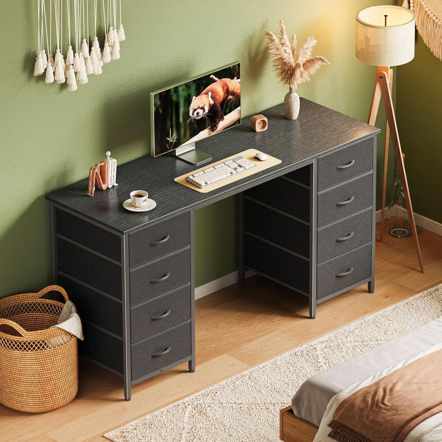 55 Inch Computer Desk With 8 Fabric Drawers For Home Office