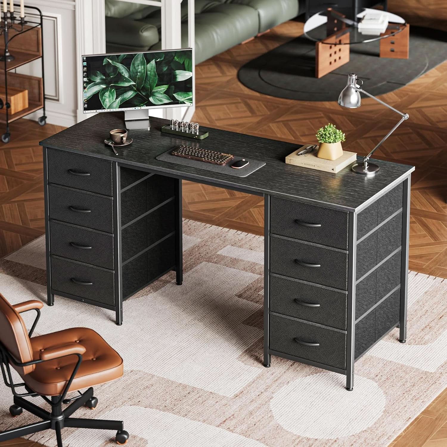 55 Inch Computer Desk With 8 Fabric Drawers For Home Office