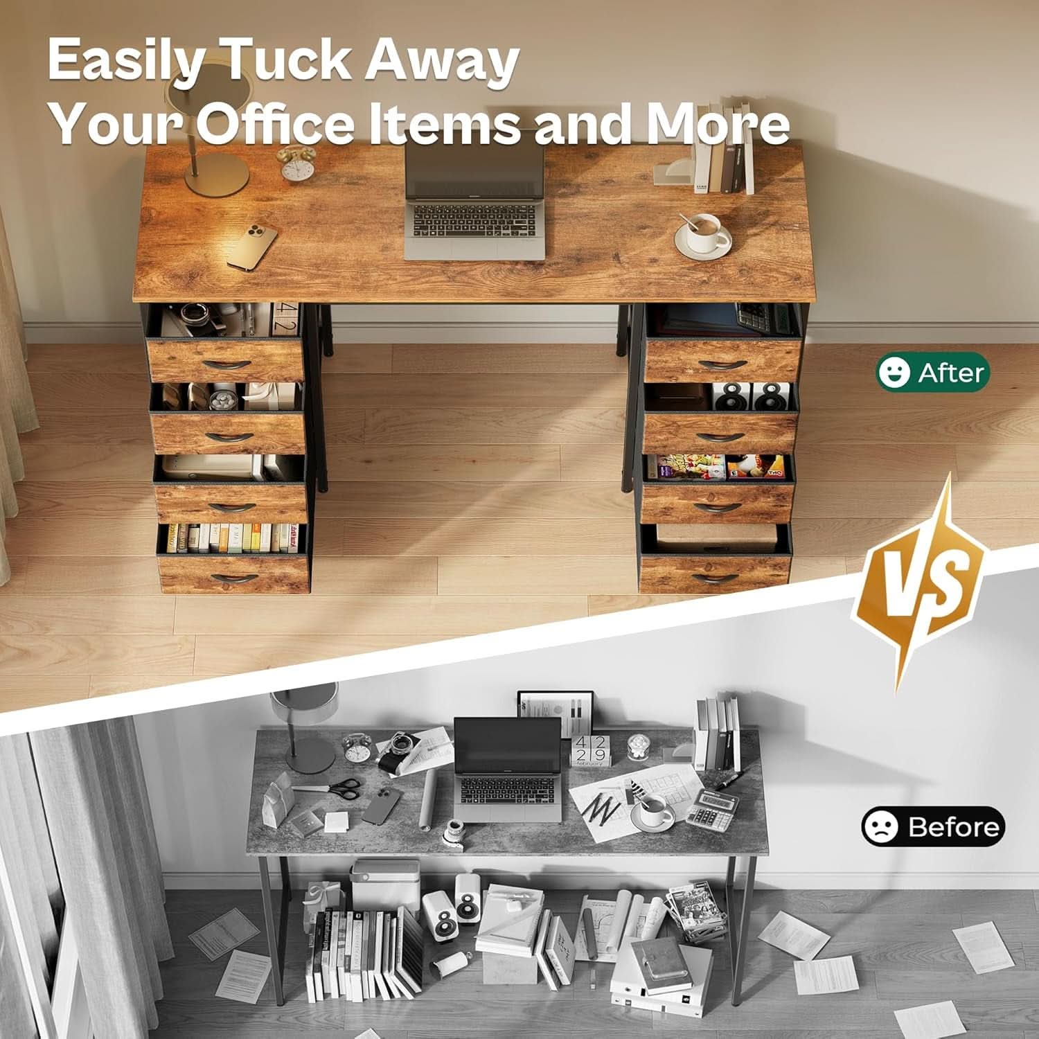 55 Inch Computer Desk With 8 Fabric Drawers Rustic Brown
