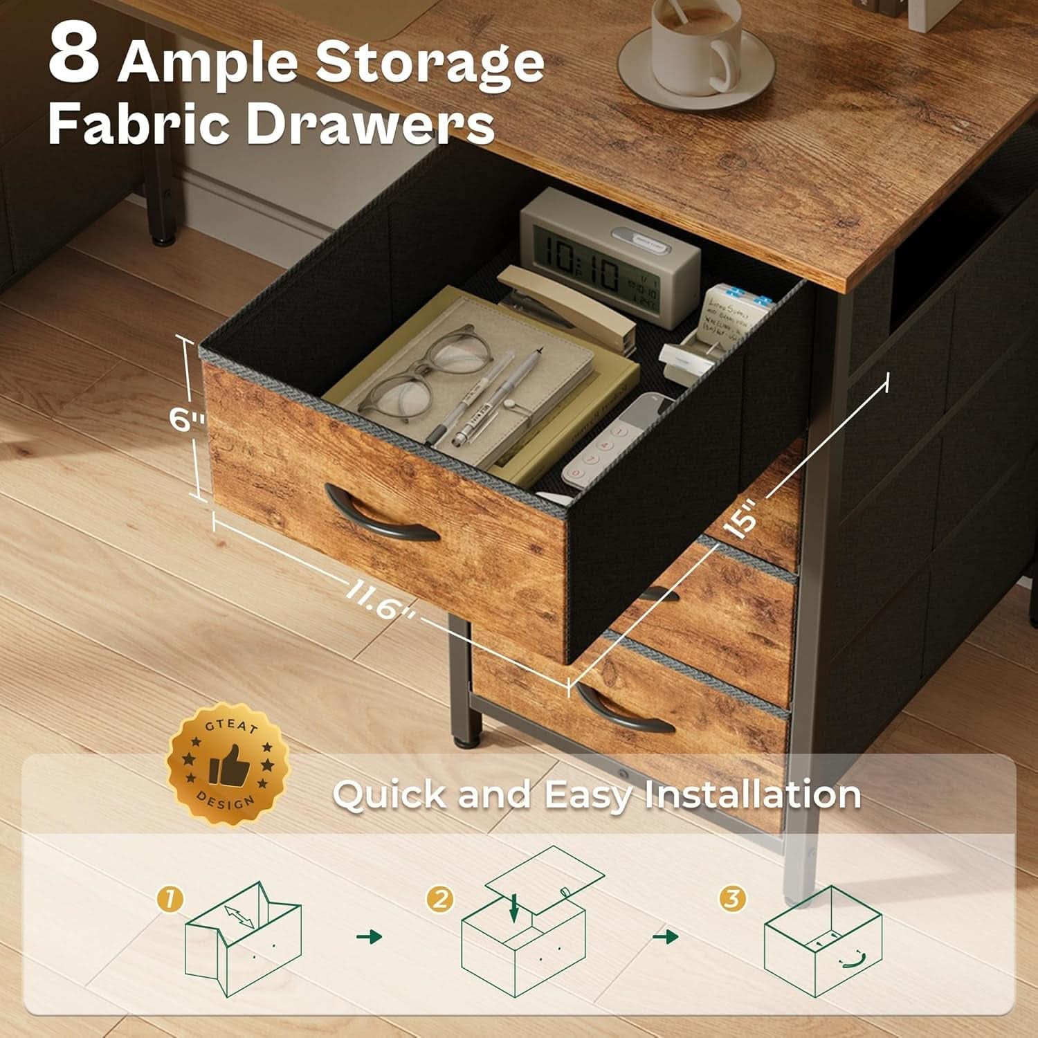 55 Inch Computer Desk With 8 Fabric Drawers Rustic Brown