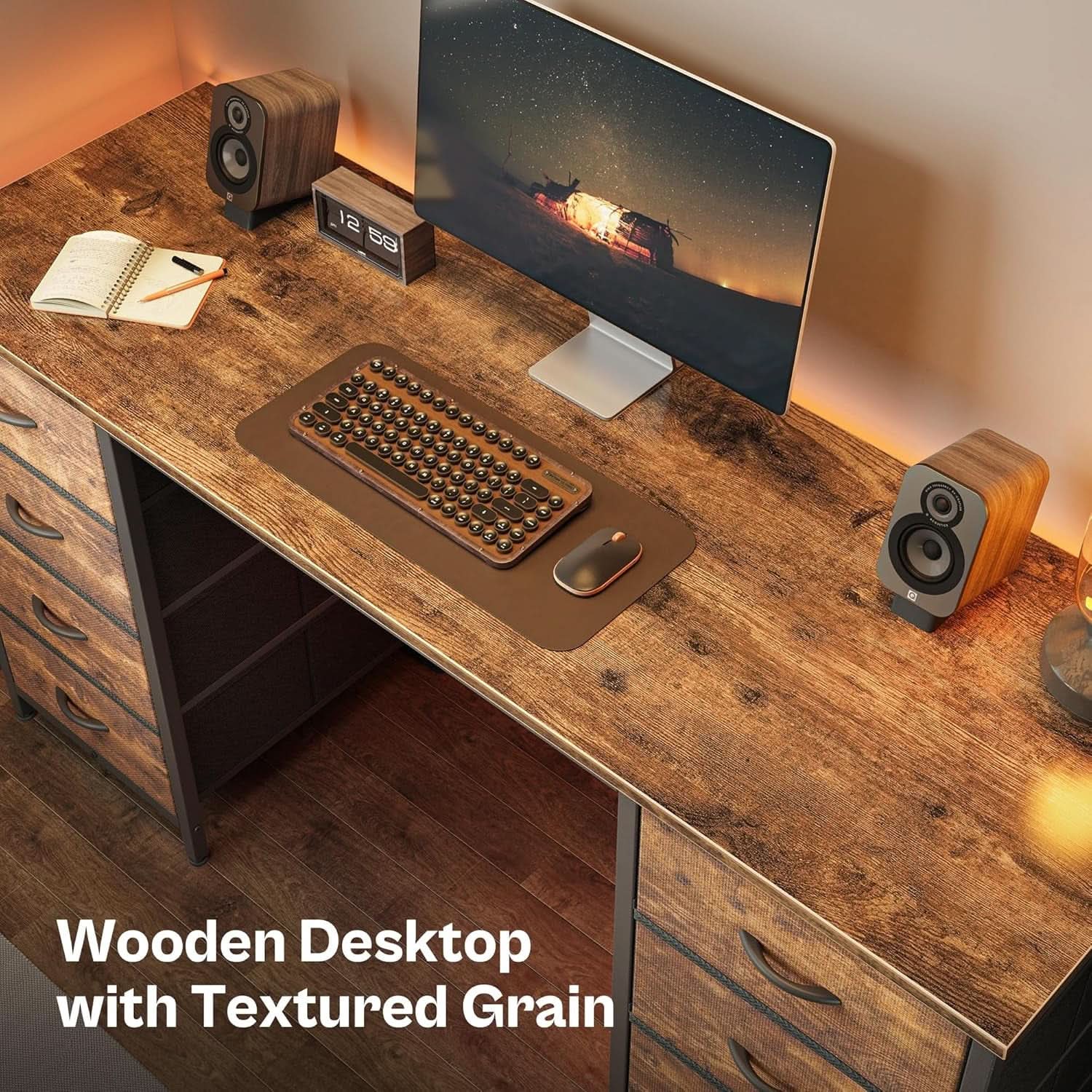 55 Inch Computer Desk With 8 Fabric Drawers Rustic Brown
