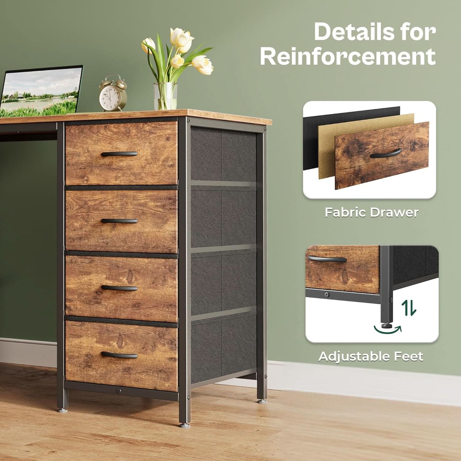 55 Inch Computer Desk With 8 Fabric Drawers Rustic Brown