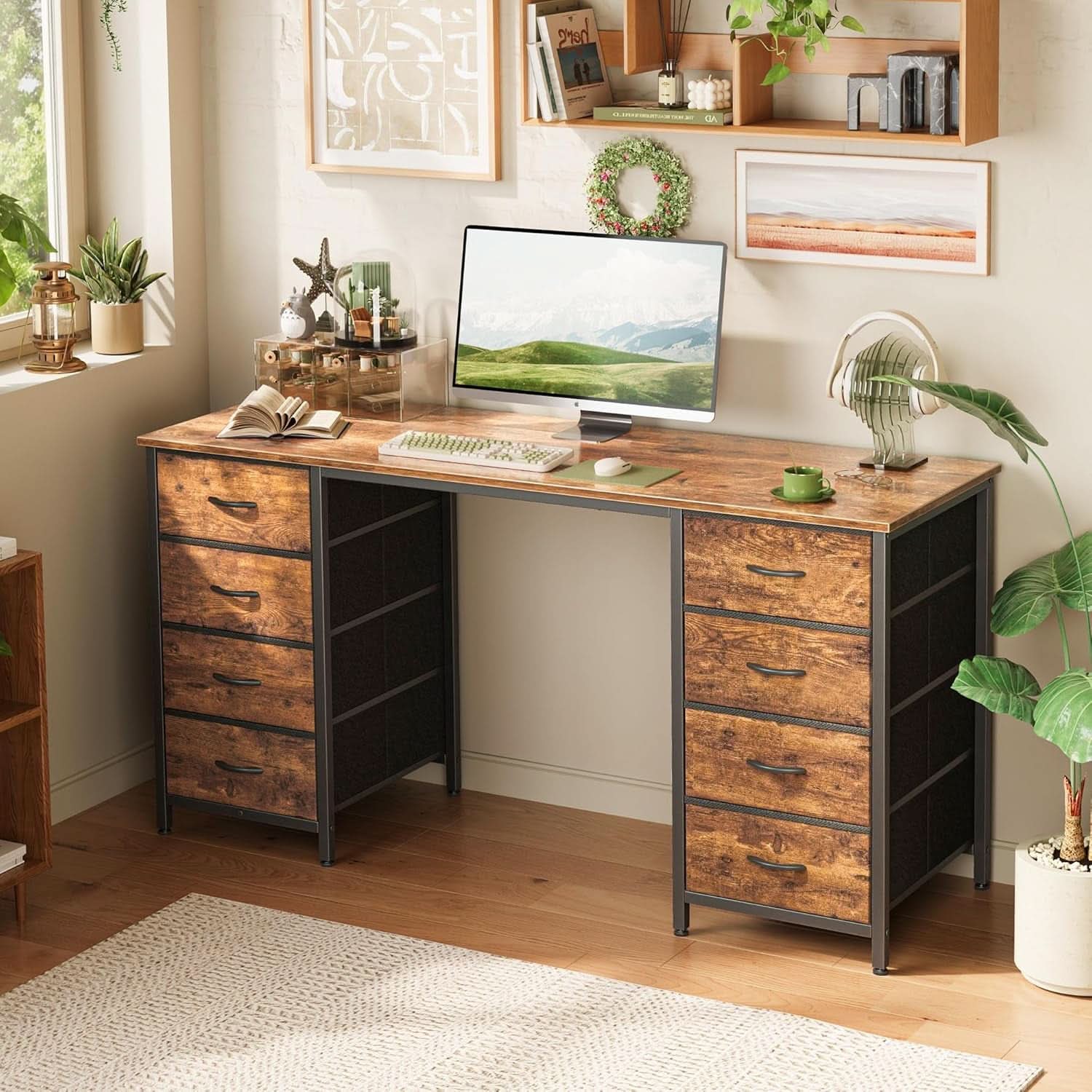 55 Inch Computer Desk With 8 Fabric Drawers Rustic Brown