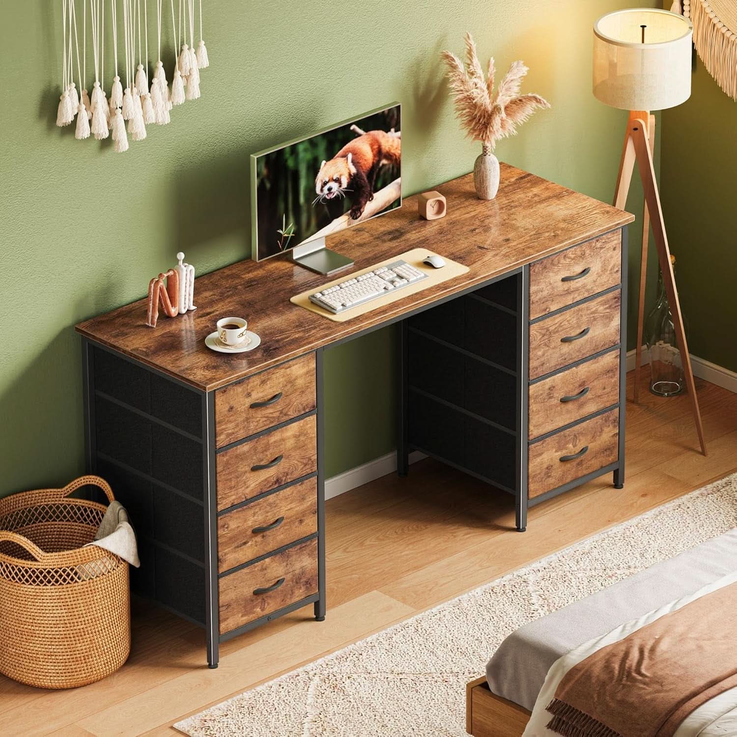 55 Inch Computer Desk With 8 Fabric Drawers Rustic Brown