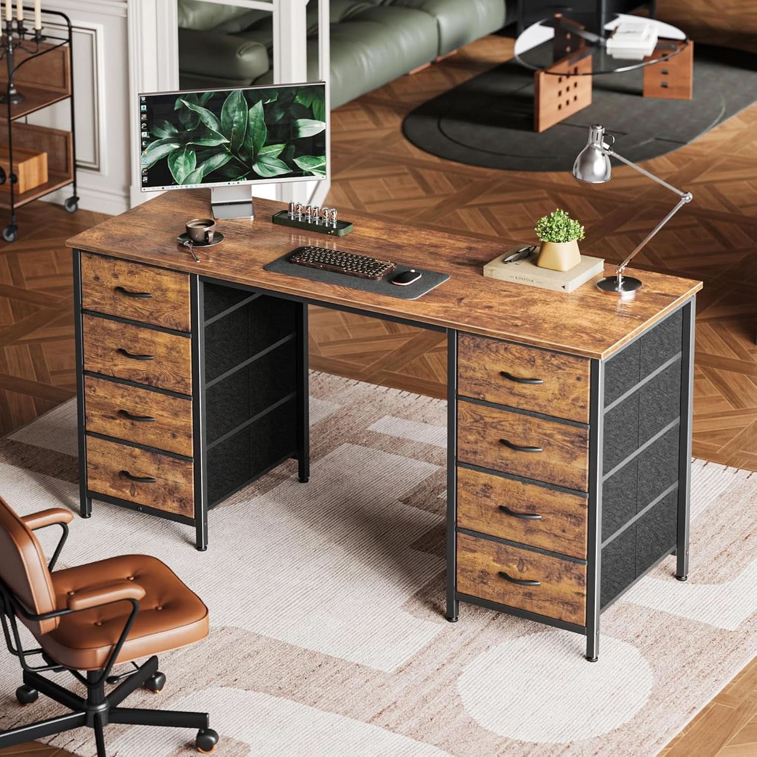 55 Inch Computer Desk With 8 Fabric Drawers Rustic Brown