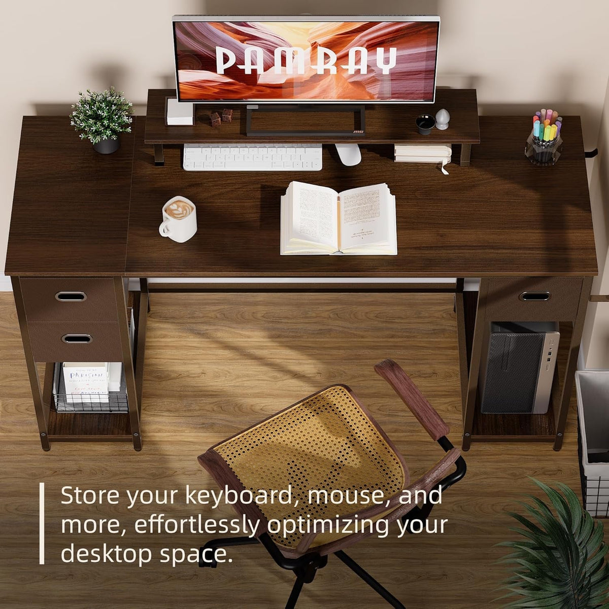 55 Inch Computer Desk With Monitor Stand And Storage Drawers Espresso Gray