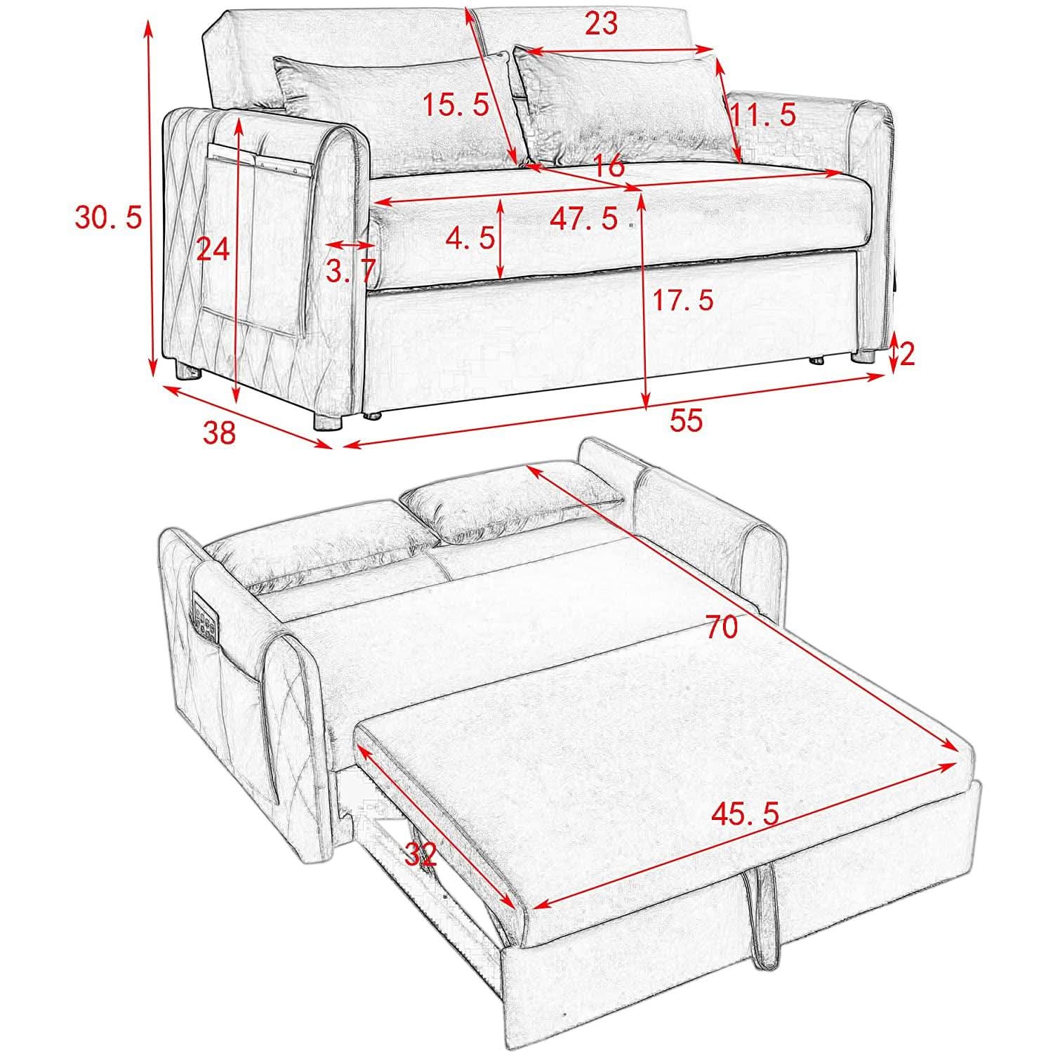 55 Inch Convertible Sofa Bed With Adjustable Backrest