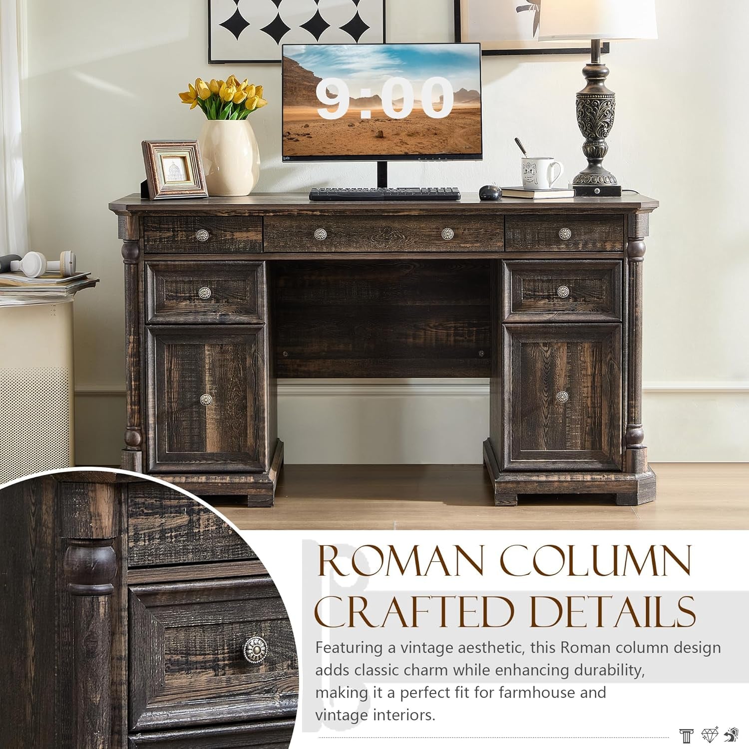 55 Inch Dark Reclaimed Oak Wood Executive Desk With 7 Drawers