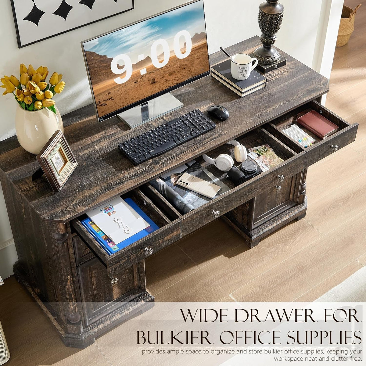 55 Inch Dark Reclaimed Oak Wood Executive Desk With 7 Drawers