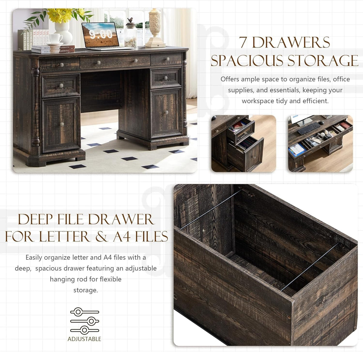 55 Inch Dark Reclaimed Oak Wood Executive Desk With 7 Drawers