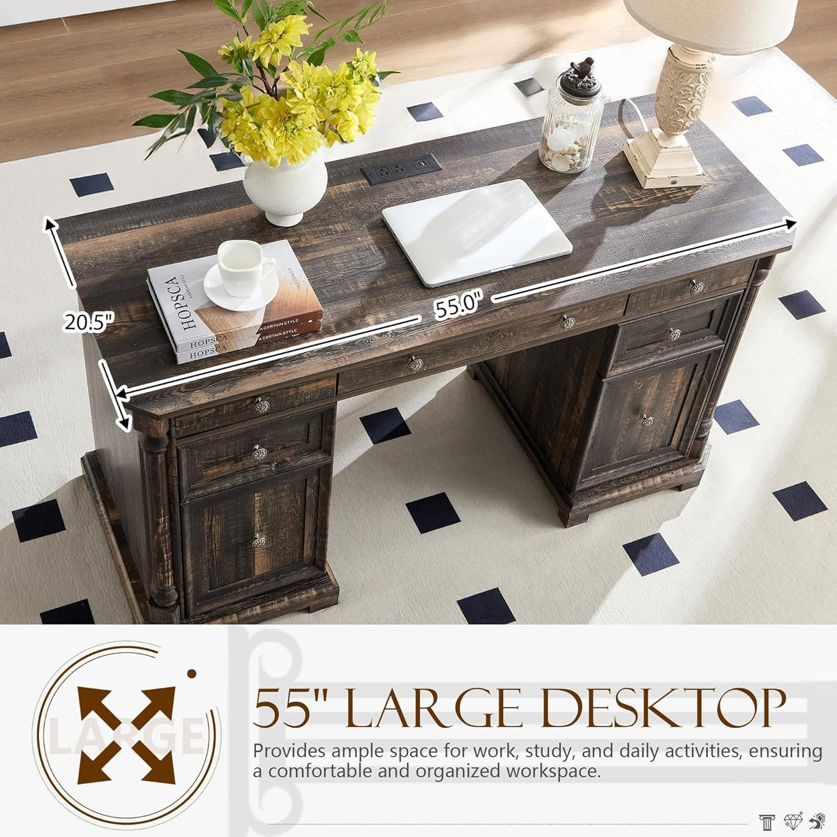 55 Inch Dark Reclaimed Oak Wood Executive Desk With 7 Drawers