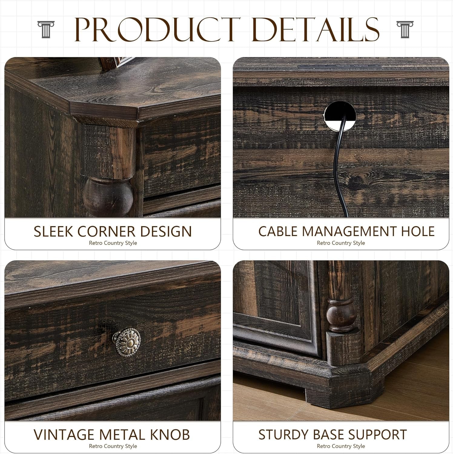 55 Inch Dark Reclaimed Oak Wood Executive Desk With 7 Drawers