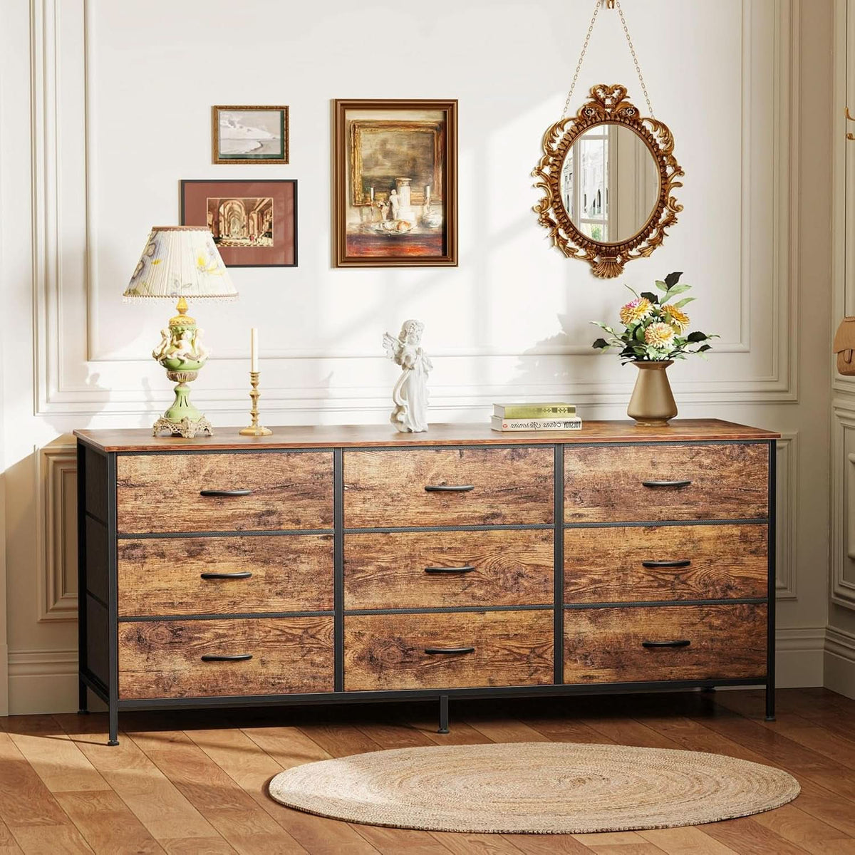 55 Inch Dresser TV Stand With 9 Fabric Drawers Rustic Brown