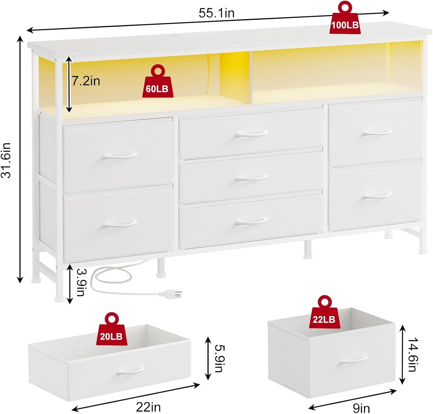 55 Inch Dresser TV Stand With Power Outlets And LED Lights