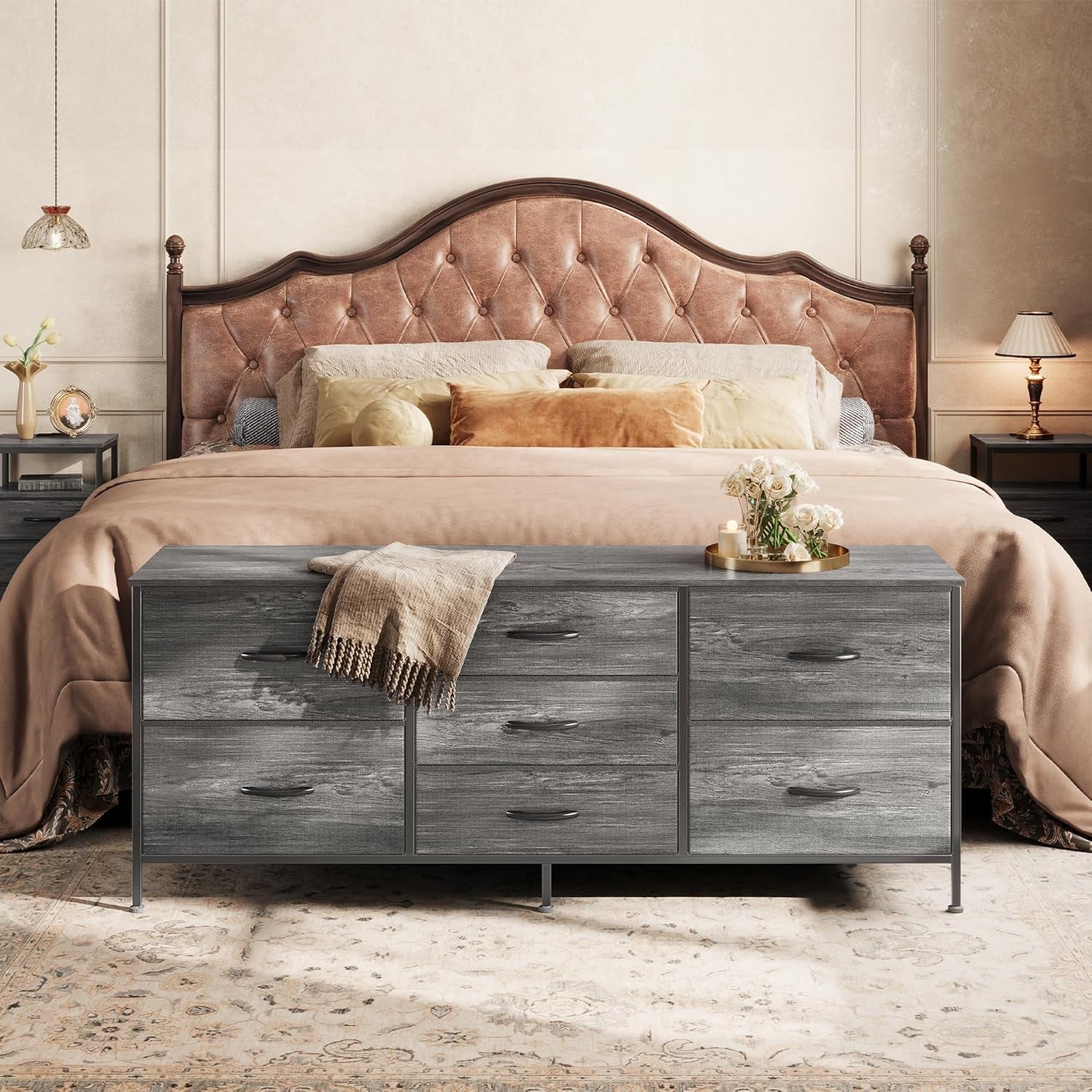 55 Inch Dresser With TV Stand, Grey Fabric Drawers