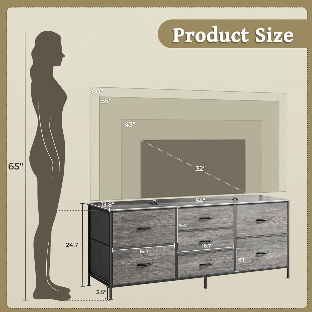 55 Inch Dresser With TV Stand, Grey Fabric Drawers