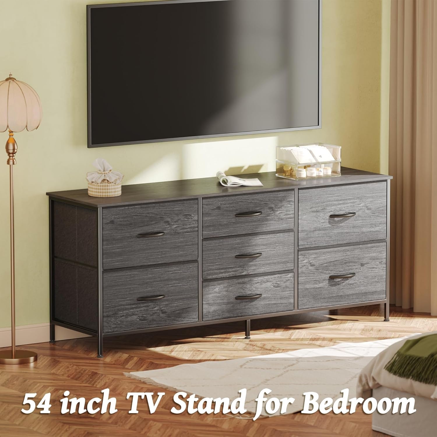 55 Inch Dresser With TV Stand, Grey Fabric Drawers
