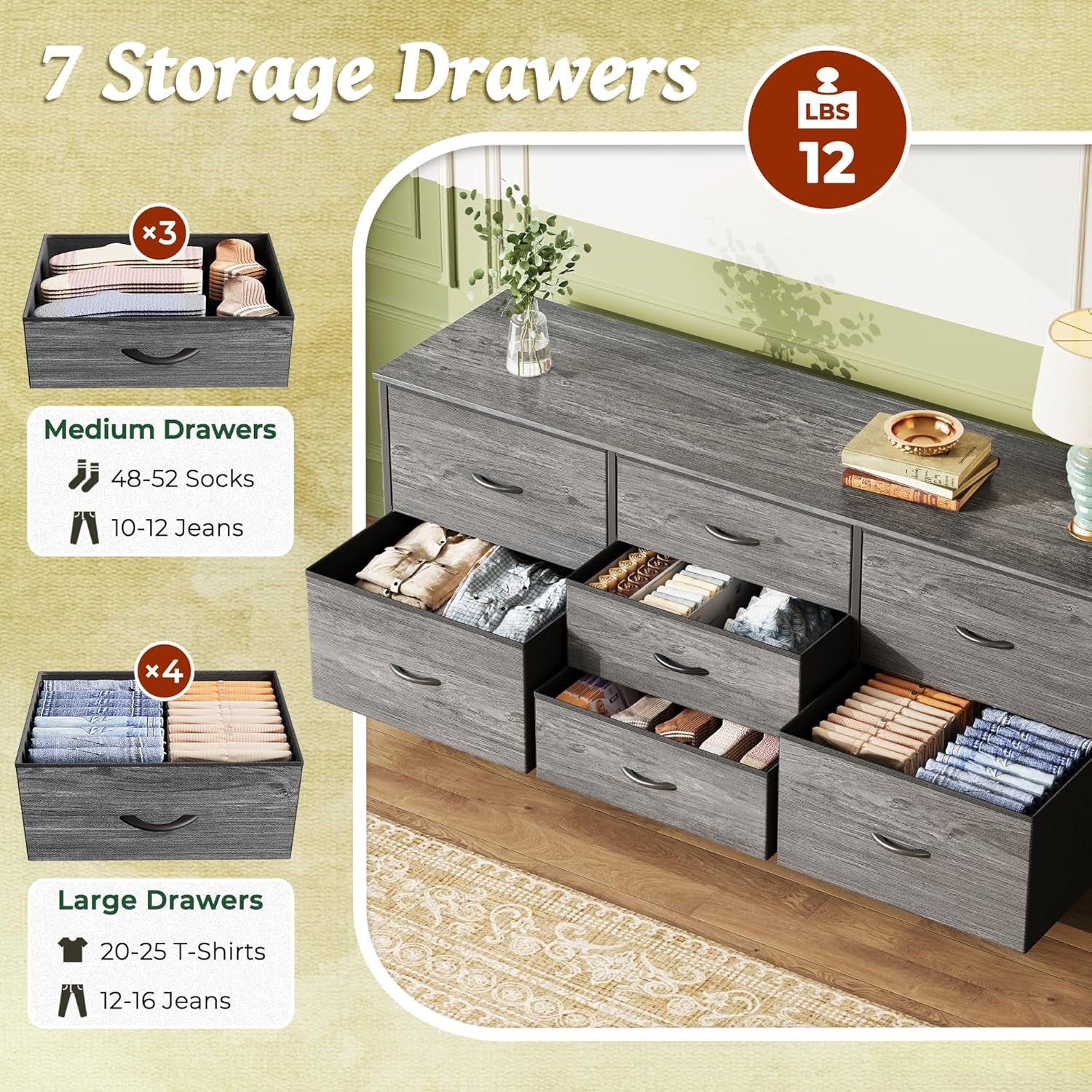 55 Inch Dresser With TV Stand, Grey Fabric Drawers