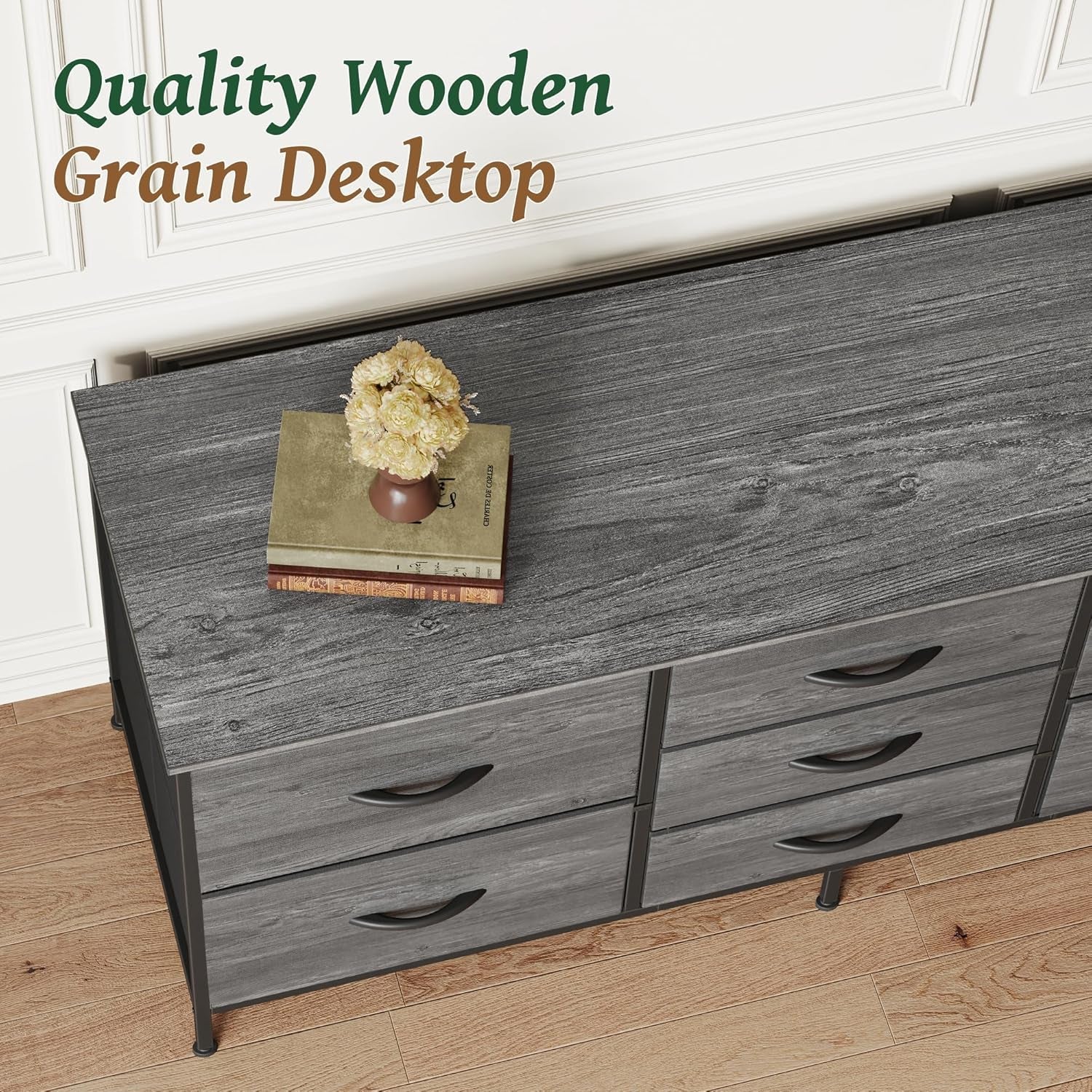 55 Inch Dresser With TV Stand, Grey Fabric Drawers