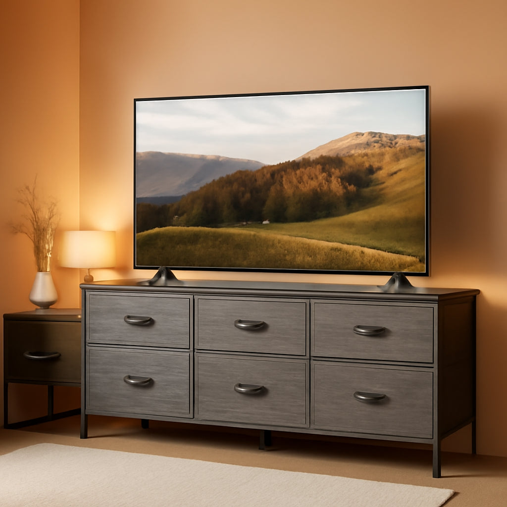 55 Inch Dresser With TV Stand, Grey Fabric Drawers