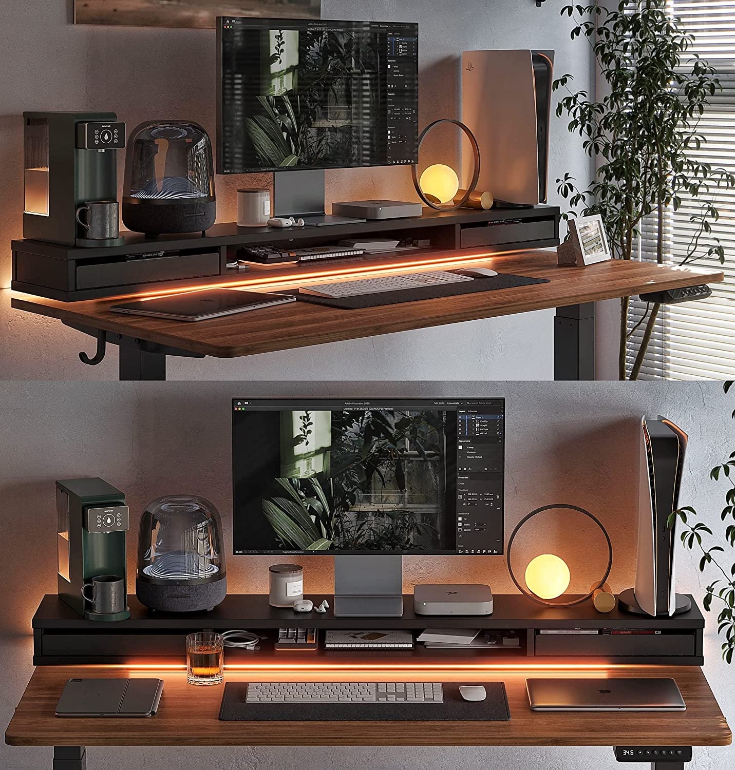 55 Inch Electric Standing Desk With Double Drawers Black Walnut