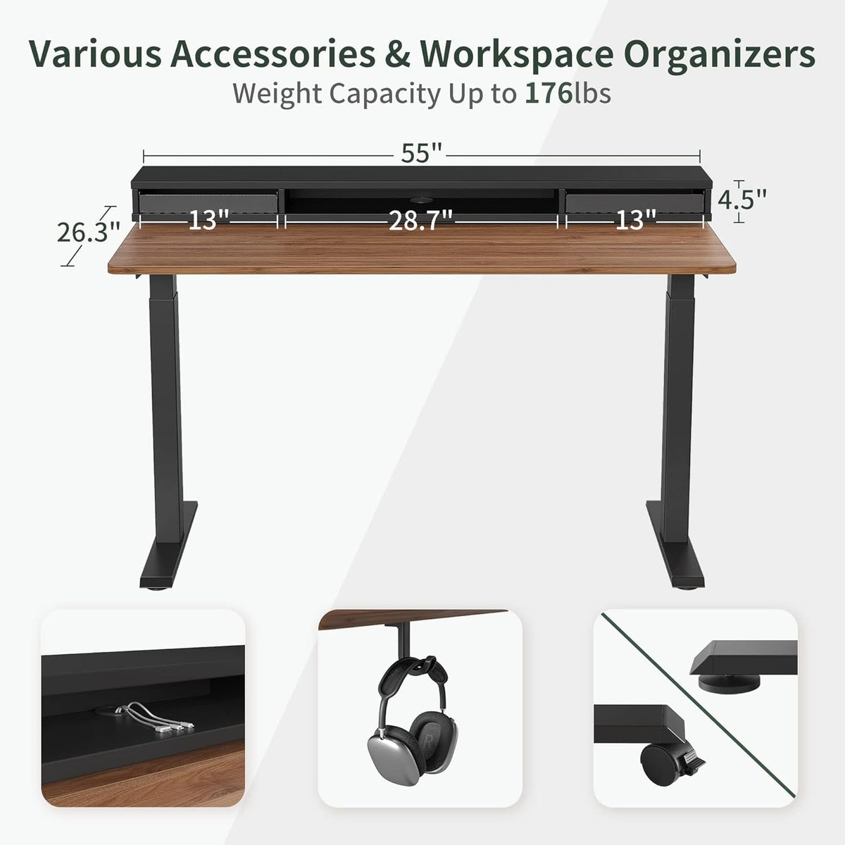 55 Inch Electric Standing Desk With Double Drawers Black Walnut