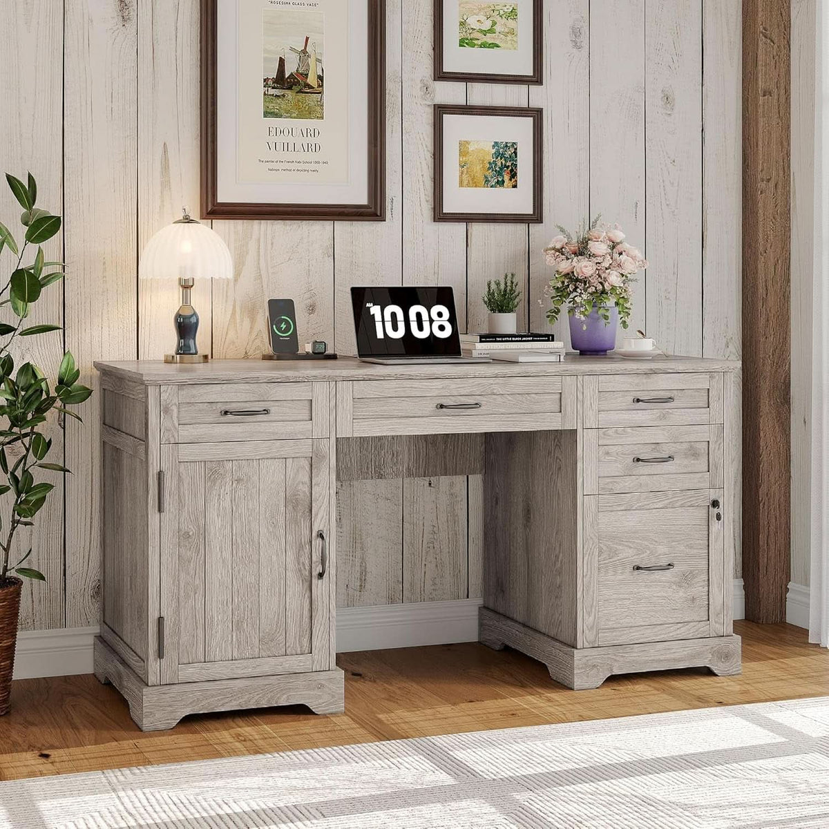 55 Inch Farmhouse Desk White Wash Gray Home Office